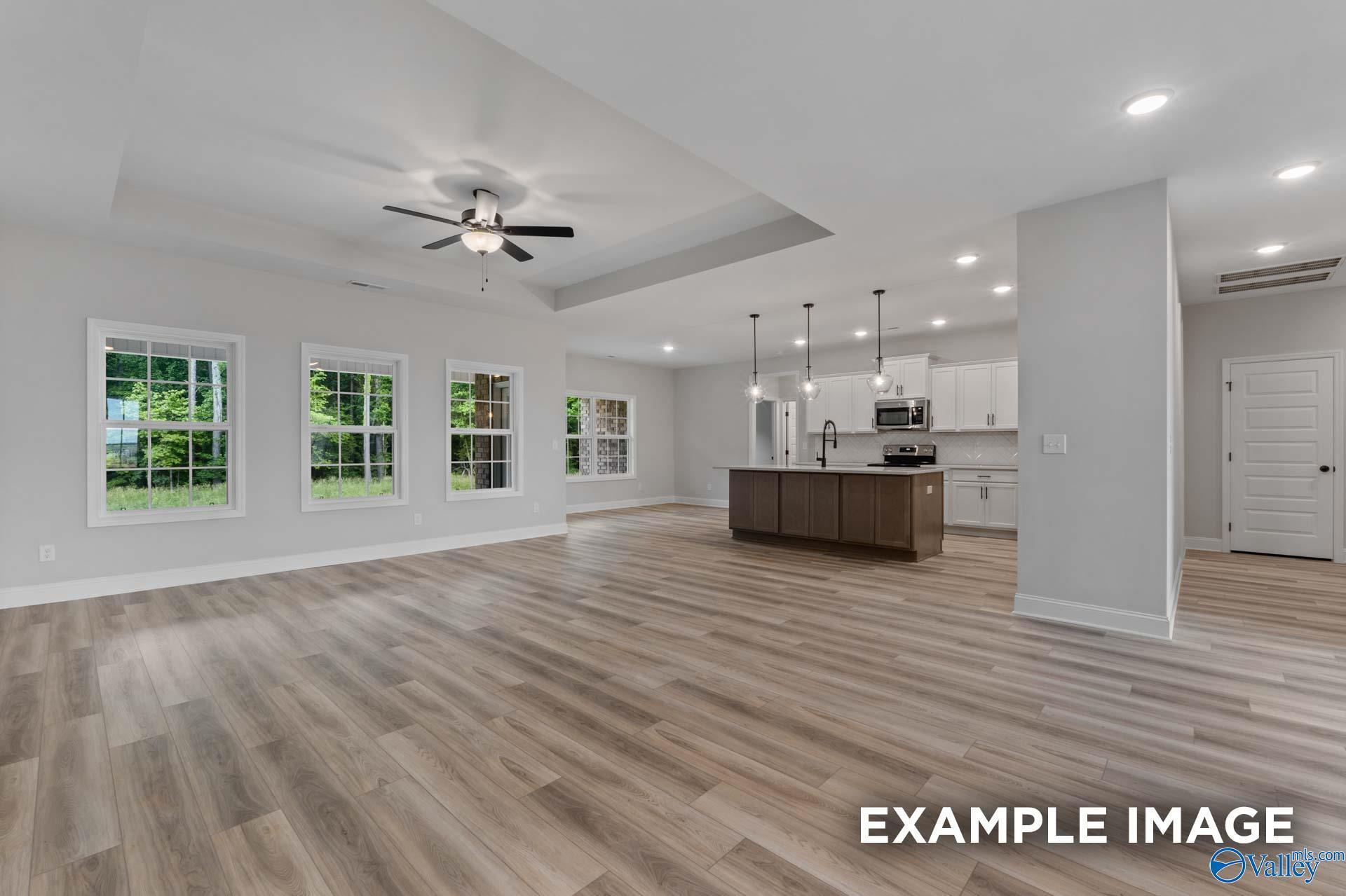 Open-concept kitchen and living space with hardwood floors, island sink, ceiling fan, and large windows in The Finleigh by Davidson Homes, Meridianville, AL