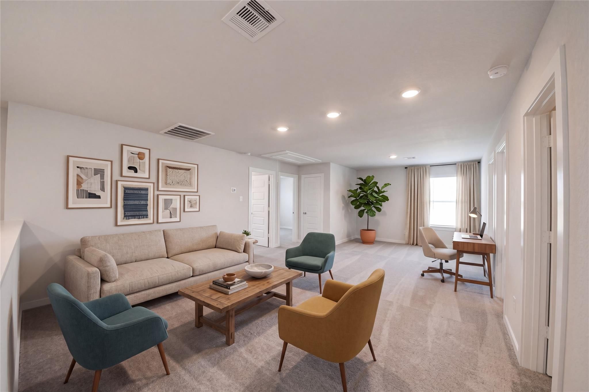 Spacious upstairs living room with sofa, accent chairs, and home office nook in Davidson Homes The Brazos F, Cleveland, Texas