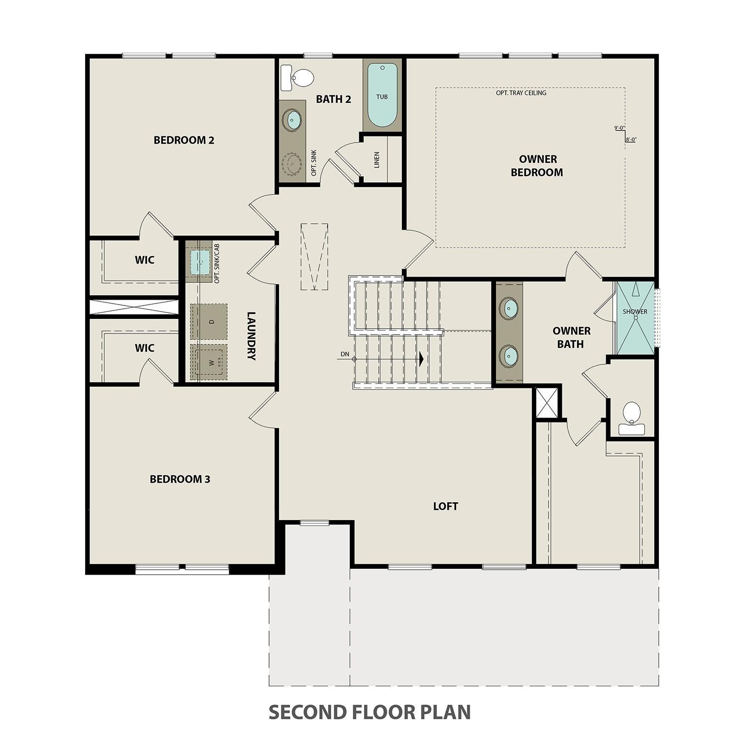 Second floor plan of The Willow C: owner's suite with bath, bedroom 2, bedroom 3, loft, laundry in Davidson Homes Gallatin, TN