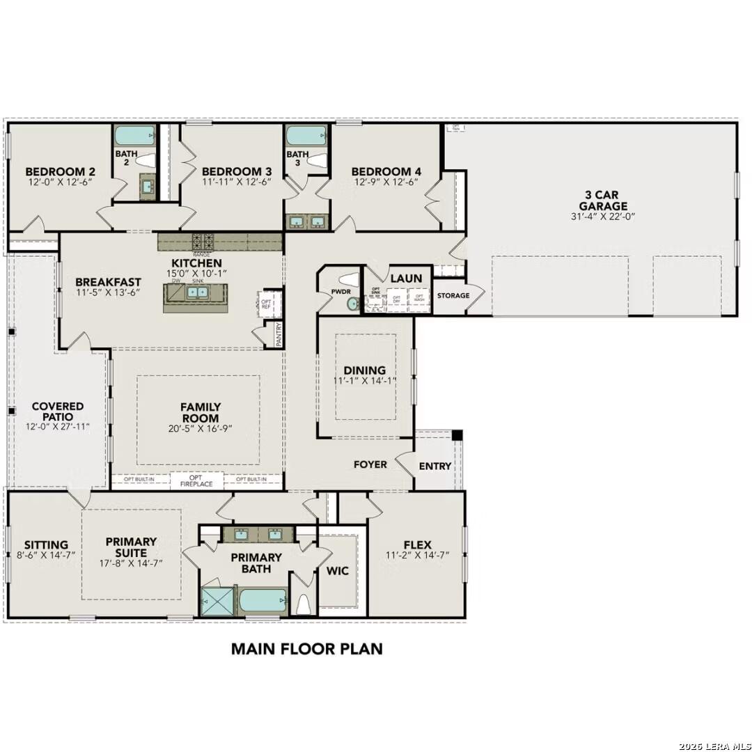 The Oxford F floor plan: 4-bedroom, 3.5-bath, 2,774 sq ft single-story home with open kitchen, family room, and 3-car garage in Castroville, Texas