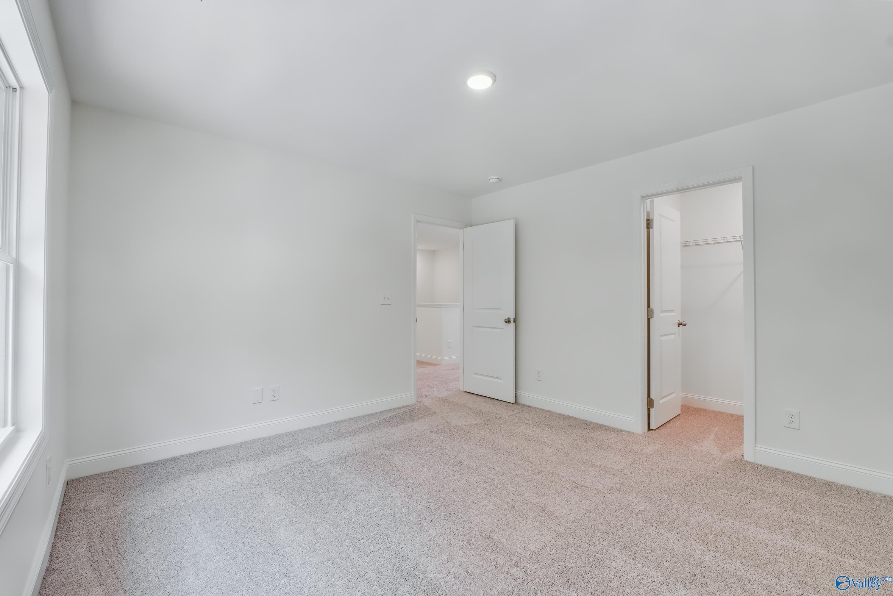 Spacious secondary bedroom with closet and bath access, white walls, carpet in Davidson Homes The Shelby A, Arab, AL