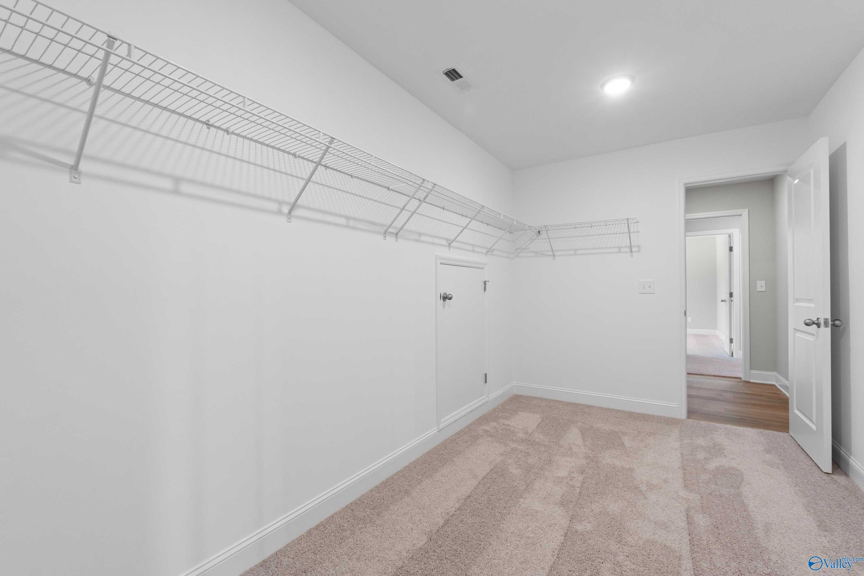 Spacious walk-in closet with wire shelving, cabinets, and carpeted floor in Davidson Homes Chelsea B, New Market, Alabama