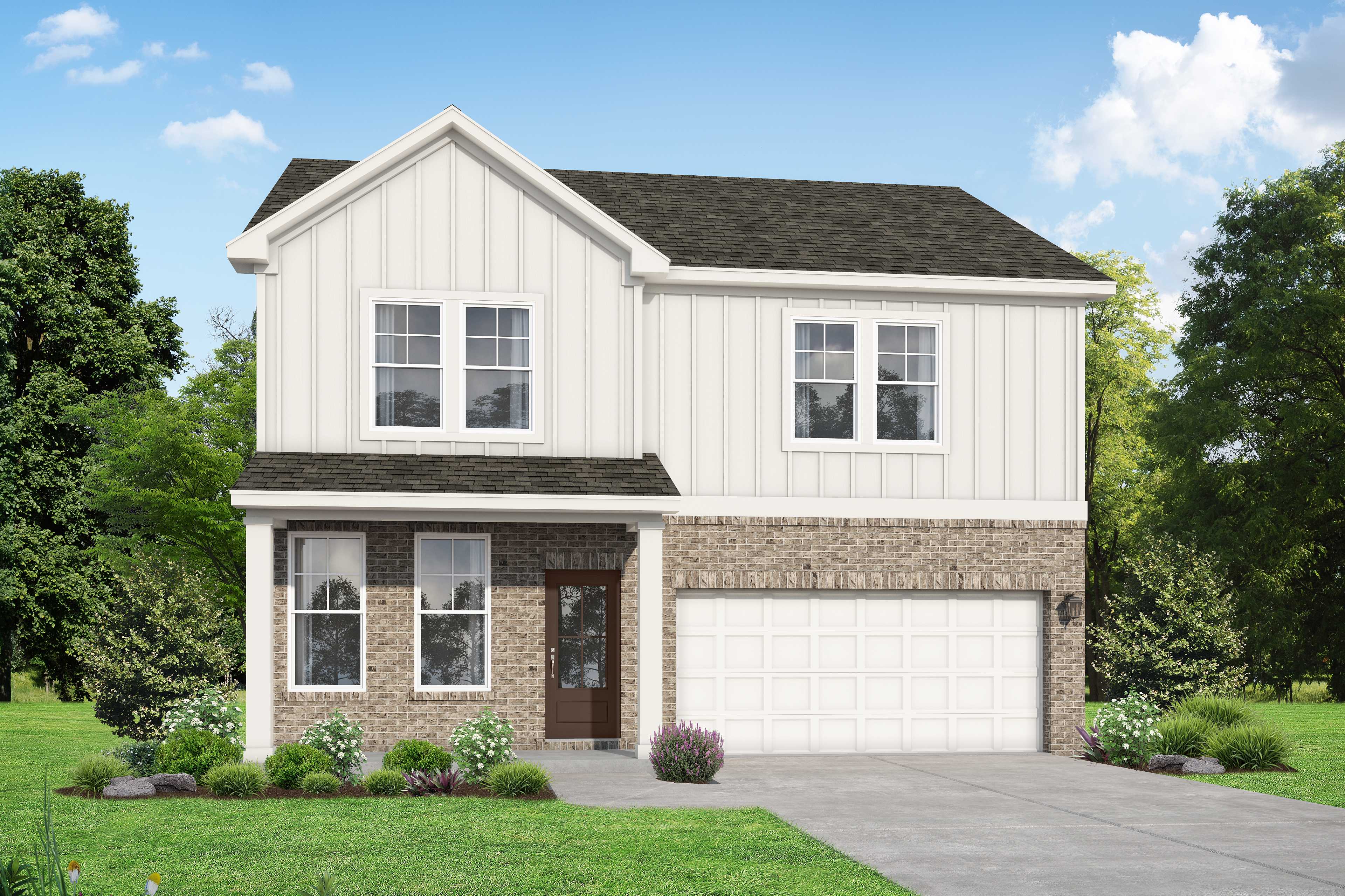 Two-story The Logan C home elevation with white board-and-batten siding, dark shingle roof, covered porch, two-car garage, and lush landscaping in White House, TN