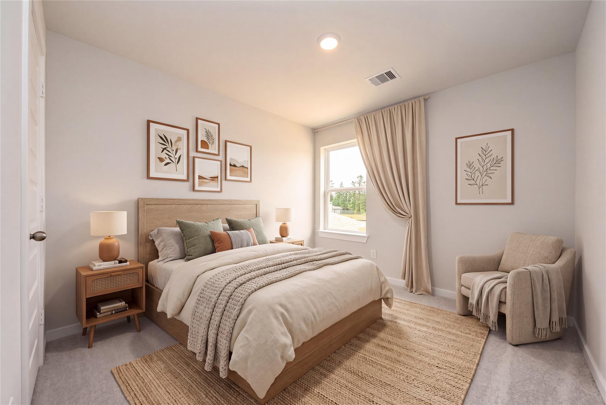 Cozy neutral-toned primary bedroom with wood bed frame, gallery wall, and natural light in Davidson Homes' The Blanco E, Dayton, TX