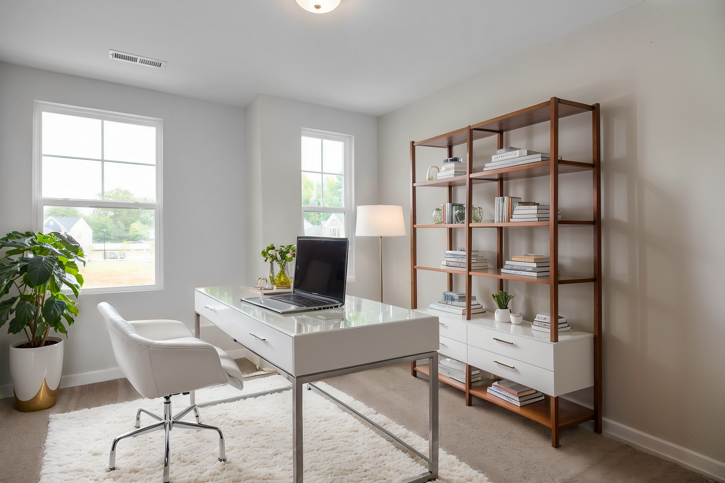 Modern home office with sleek white desk, laptop, tall bookshelves, plants, and natural light in Davidson Homes The Durham E, Wylie, Texas
