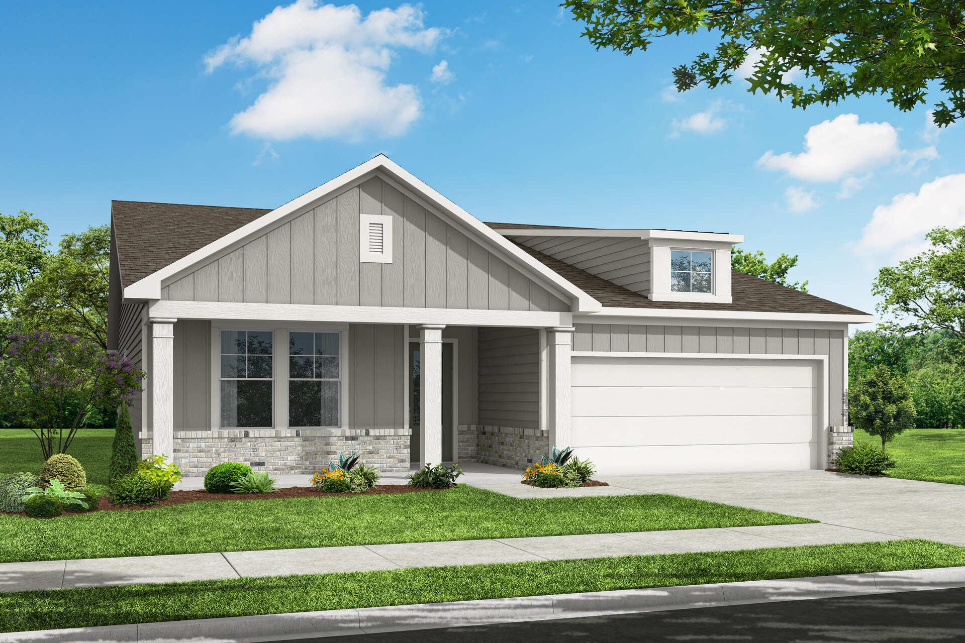 Modern gray single-story elevation of The Dawson B home design with covered porch, stone accents, 2-car garage, and lush landscaping in Loganville GA