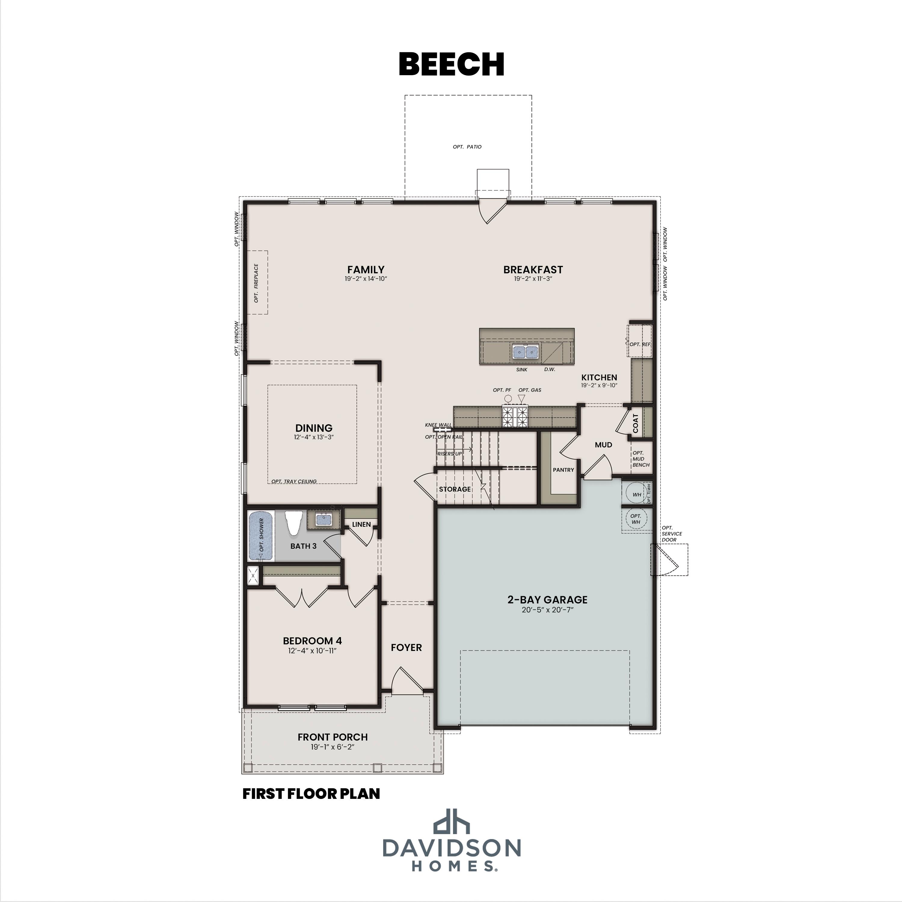 First floor layout of The Beech A featuring an open-concept kitchen, family room, dining area, and 2-car garage.