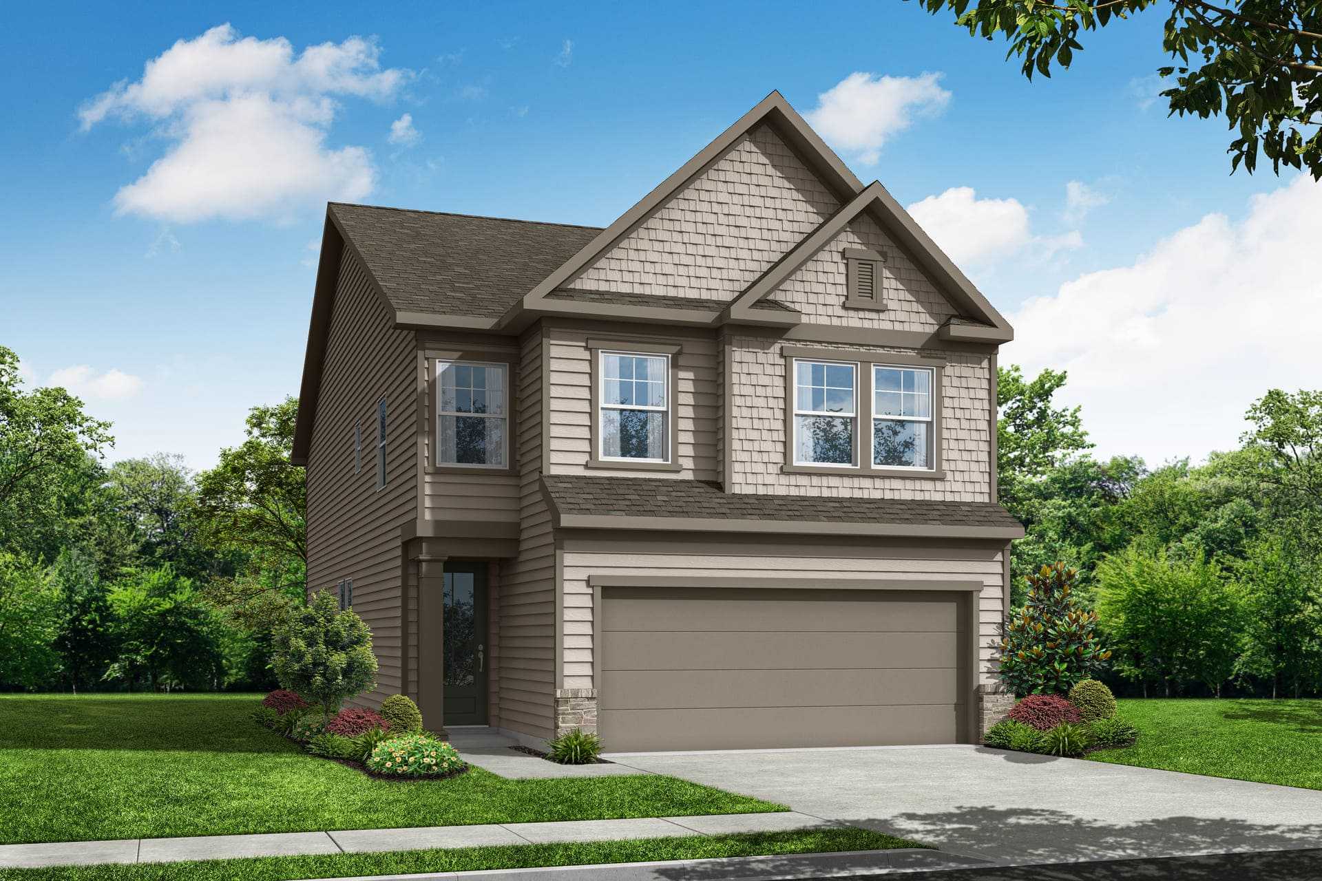 Two-story Cary B home elevation by Davidson Homes in Kennesaw GA, featuring shakes siding, 2-car garage, and landscaped yard