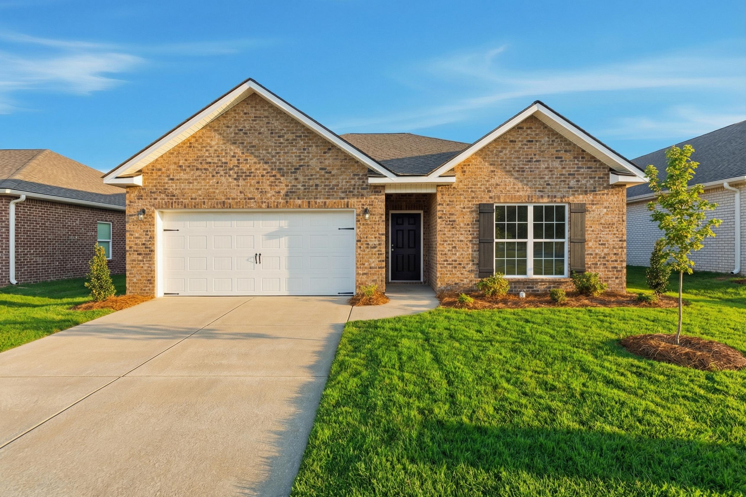 Brick Craftsman-style home exterior at Mooresville Station in Tanner, Alabama with two-car garage, covered porch, and landscaped yard