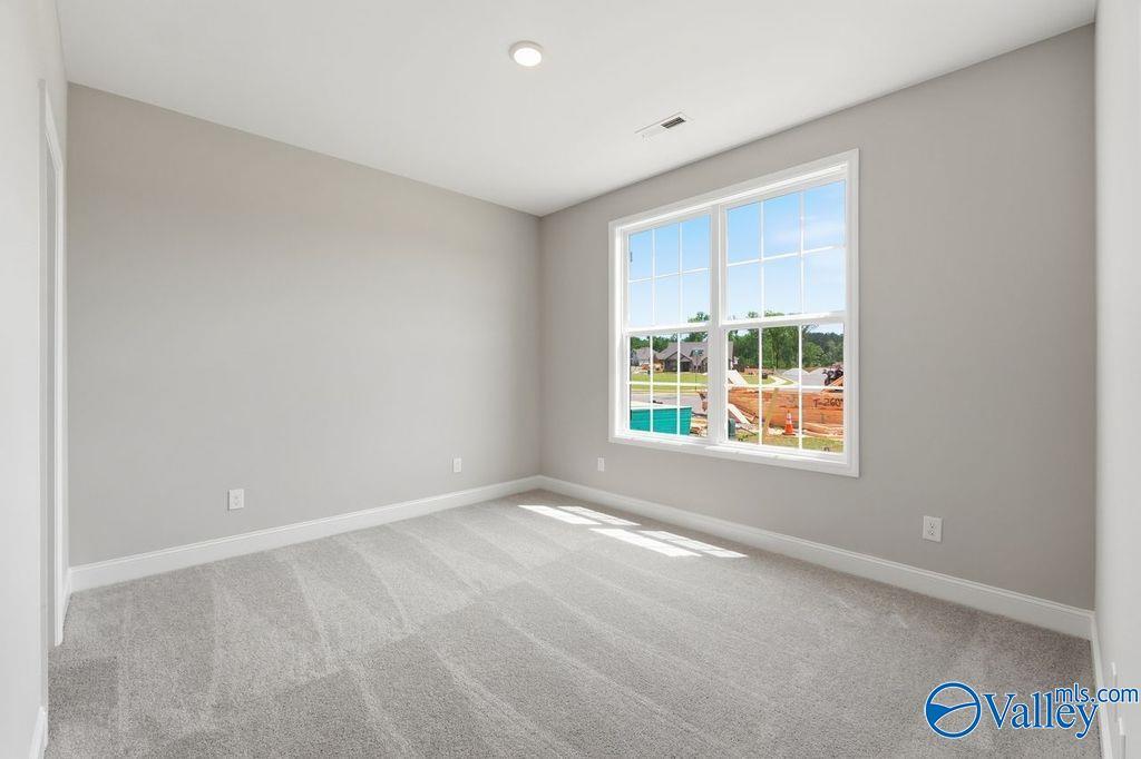 Bright, spacious bedroom with neutral walls and plush carpet in The Rockford floor plan at Cain Park, Hartselle, Alabama.