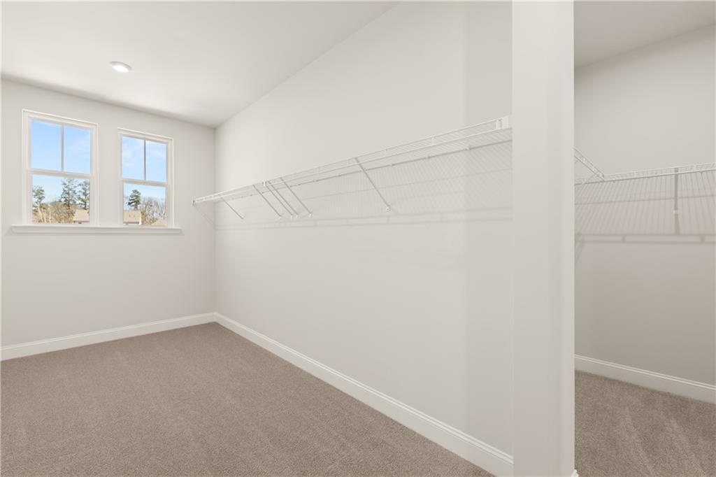 Spacious walk-in closet with white wire shelving, carpeted floor, and sunny windows in Davidson Homes The Danbury C, Buford, GA