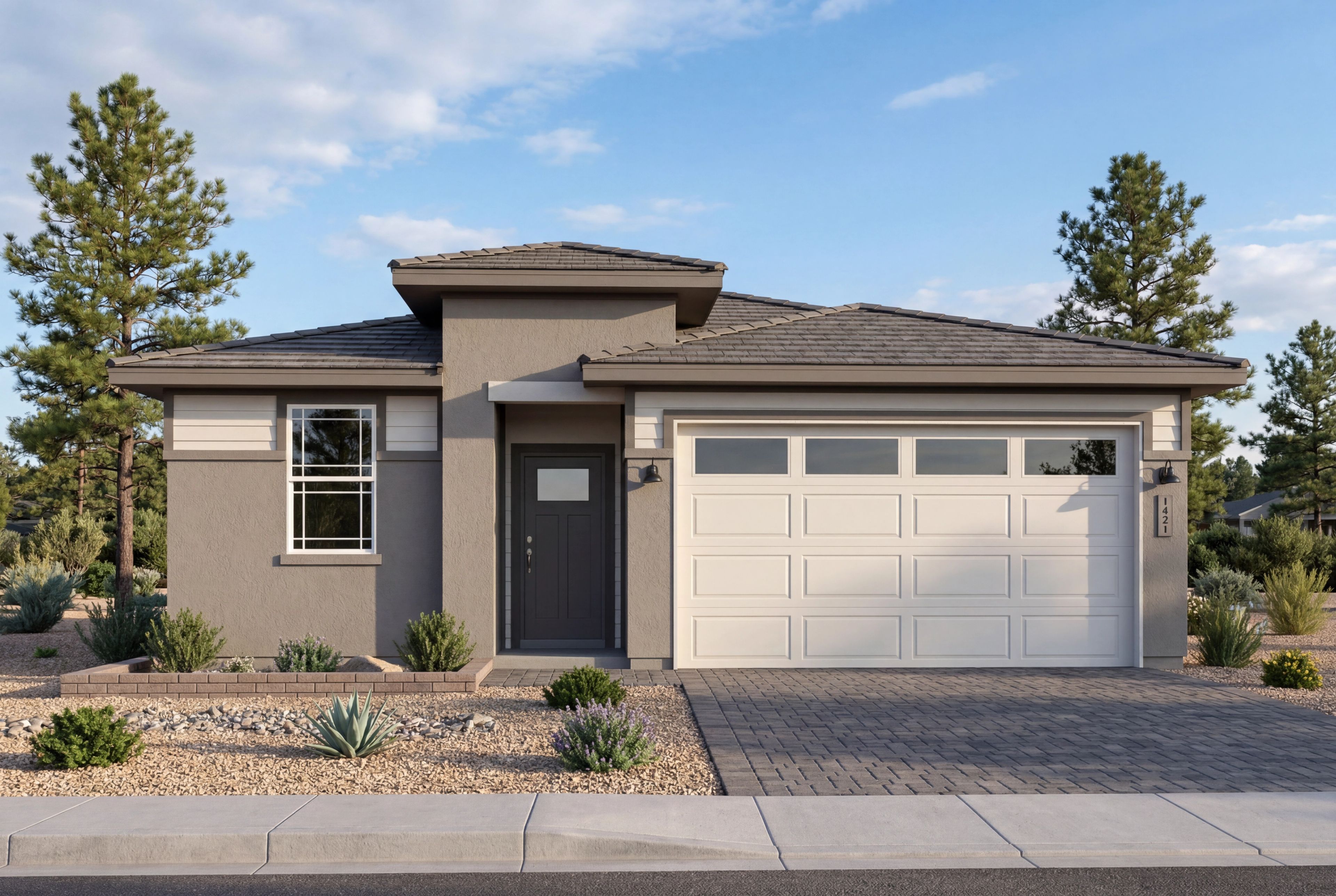 Modern single-story exterior of The Coronado in Prescott, Arizona, featuring a two-car garage and desert landscaping.
