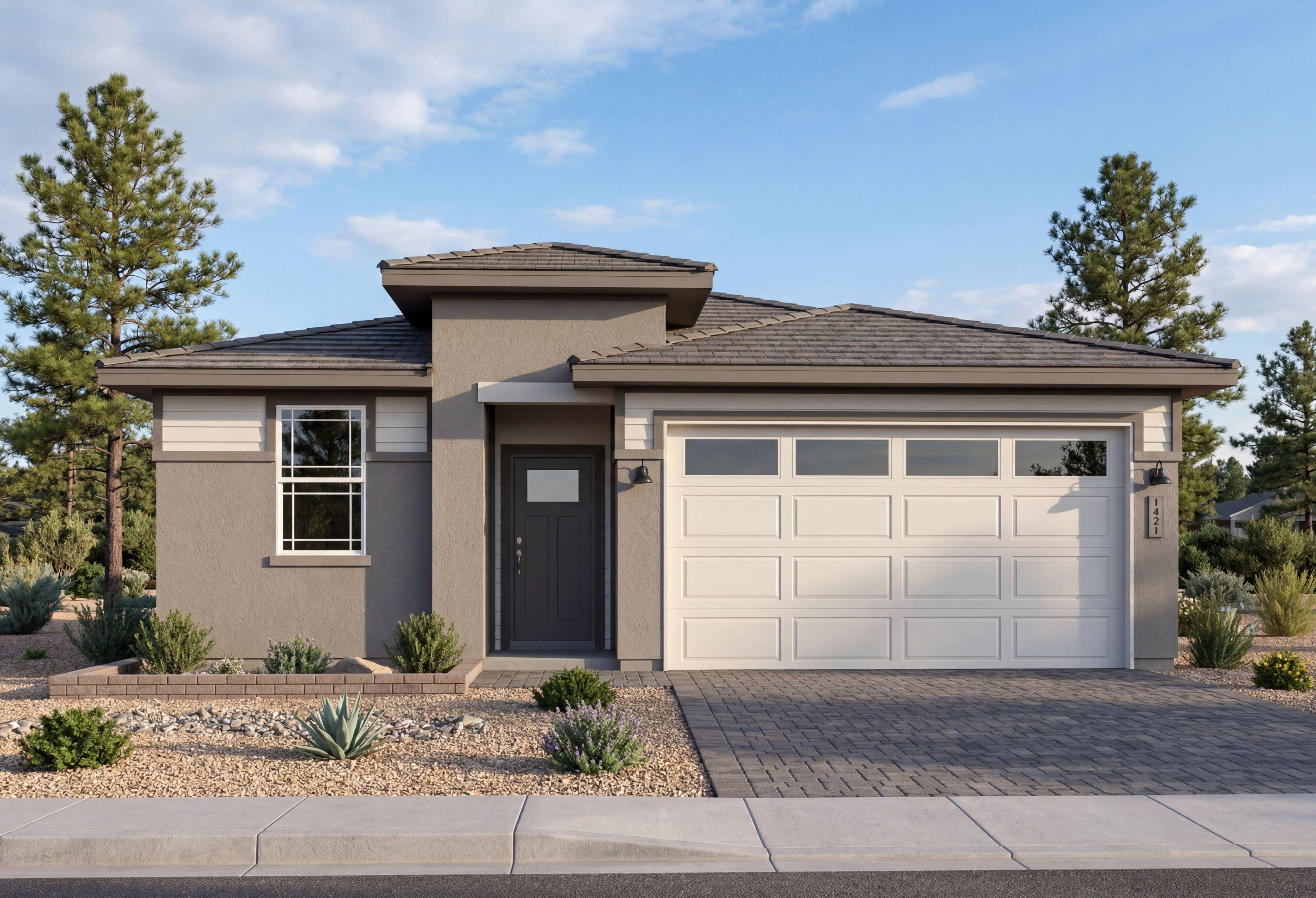 Modern single-story exterior of The Coronado in Prescott, Arizona, featuring a two-car garage and desert landscaping.