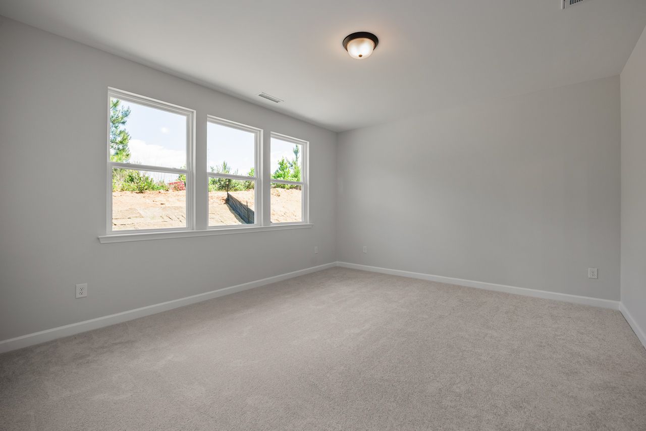 Spacious bedroom in The Birch II D featuring neutral carpet, light gray walls, and large windows with natural light.