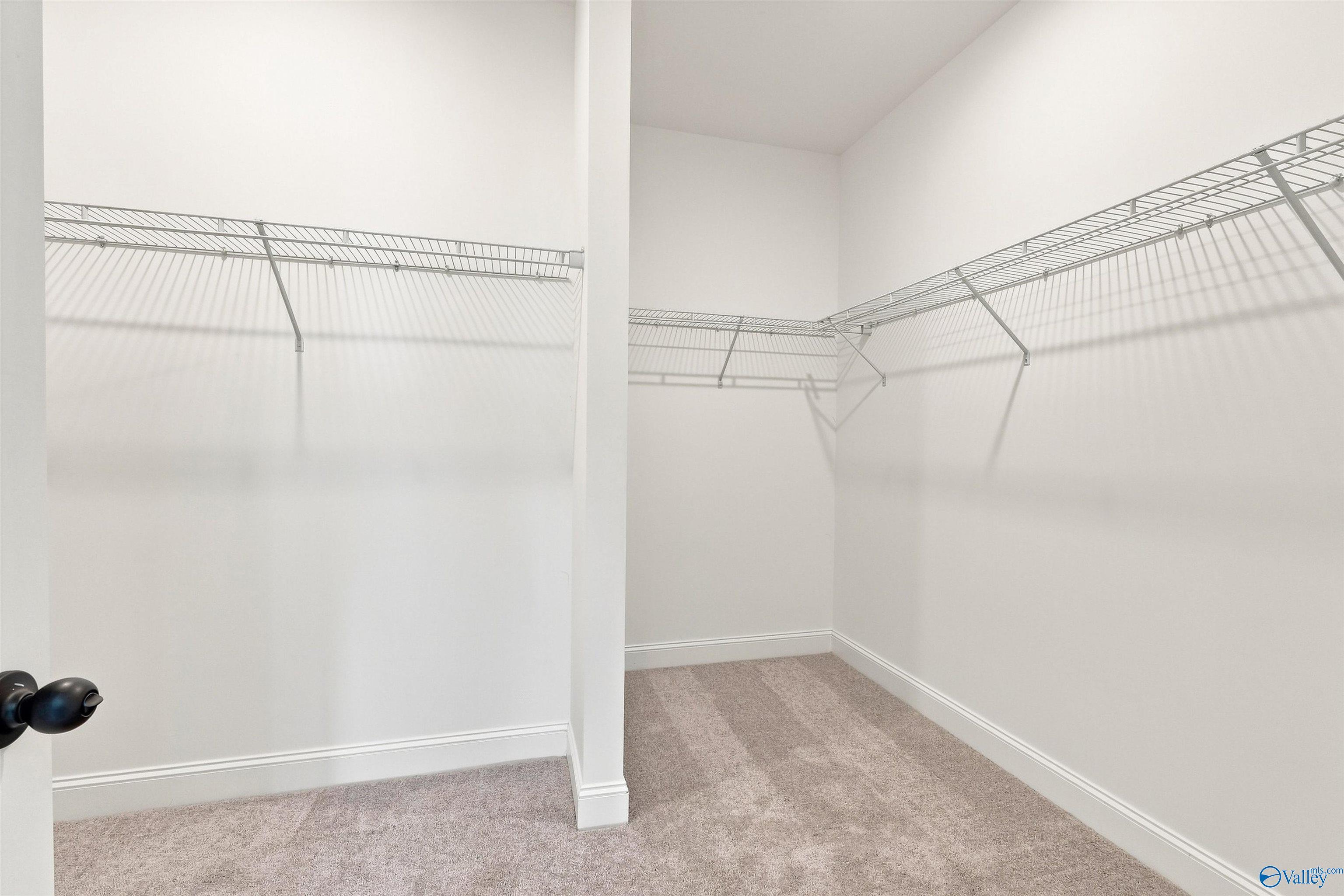 Spacious walk-in closet with wire shelving and carpet flooring in Davidson Homes The Everett B, Ivy Hills, Toney, Alabama