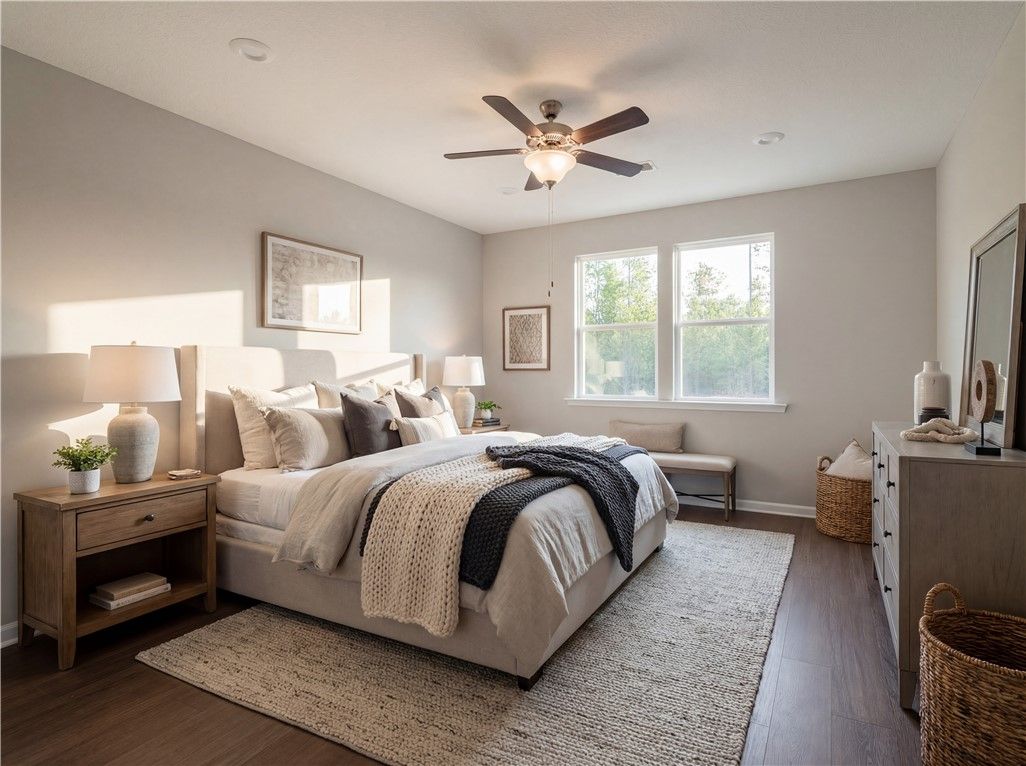 Serene master bedroom with king bed, ceiling fan, large windows, and hardwood floors in Evermore Homes The Orion, Cusseta, Alabama