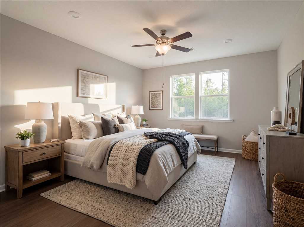 Serene master bedroom with king bed, ceiling fan, large windows, and hardwood floors in Evermore Homes The Orion, Cusseta, Alabama