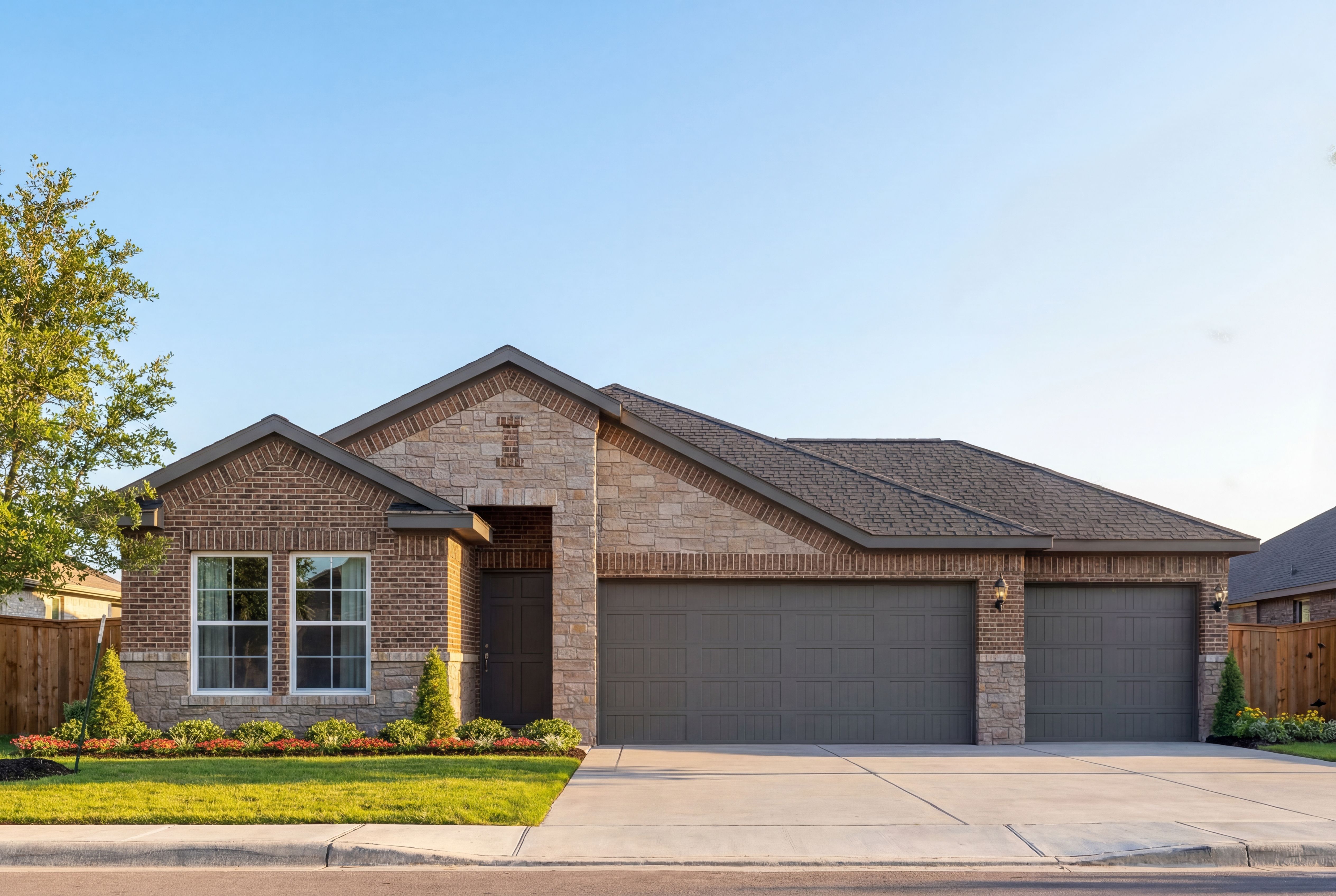 Brick single-story Laguna C home with 3-car garage, gabled roof, and landscaped front yard in Rosharon, Texas