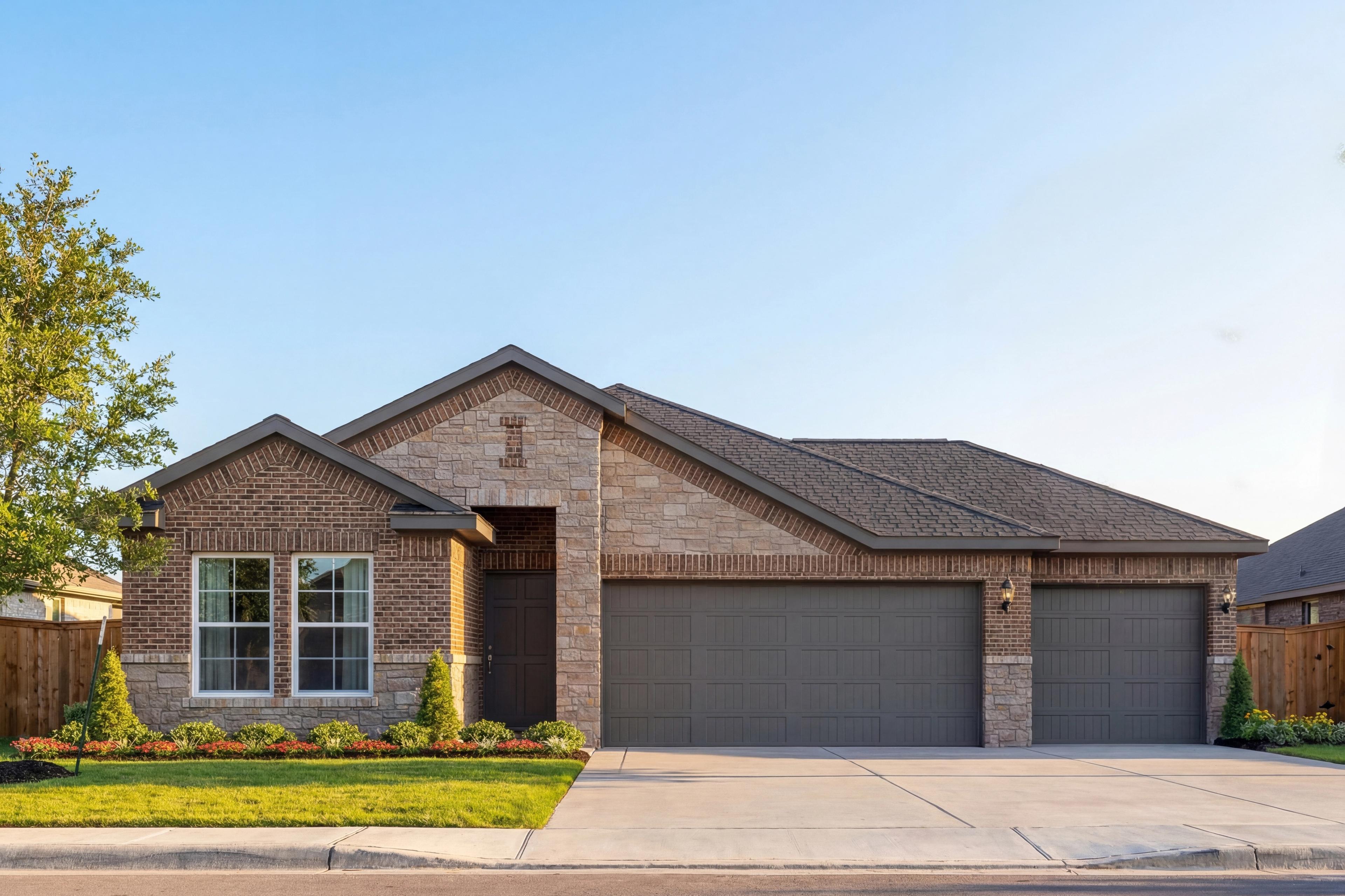 Brick single-story Laguna C home with 3-car garage, gabled roof, and landscaped front yard in Rosharon, Texas