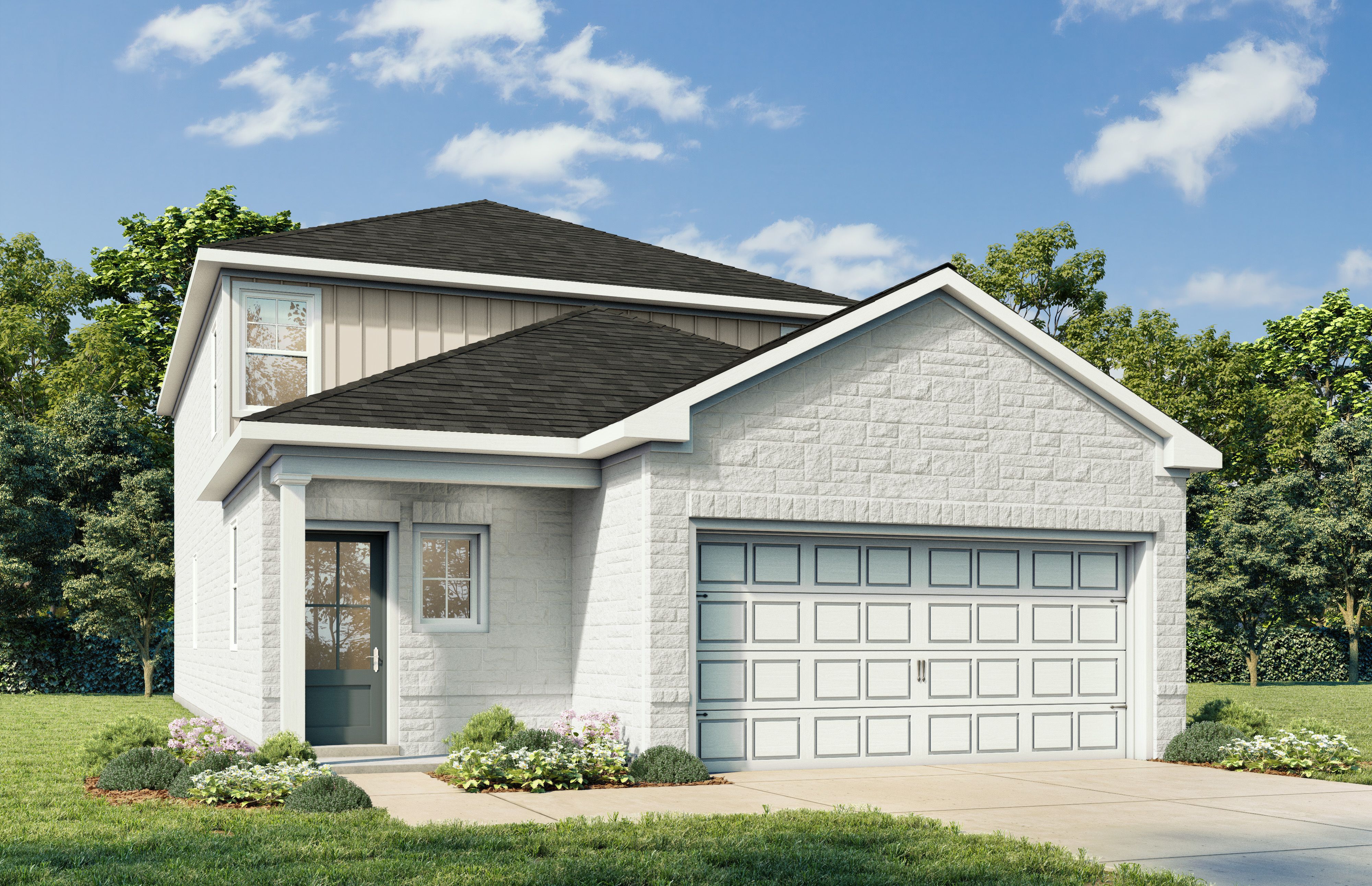 Front elevation of The Pinecrest 2-story home with white brick and siding exterior, 2-car garage, covered porch, and lush landscaping