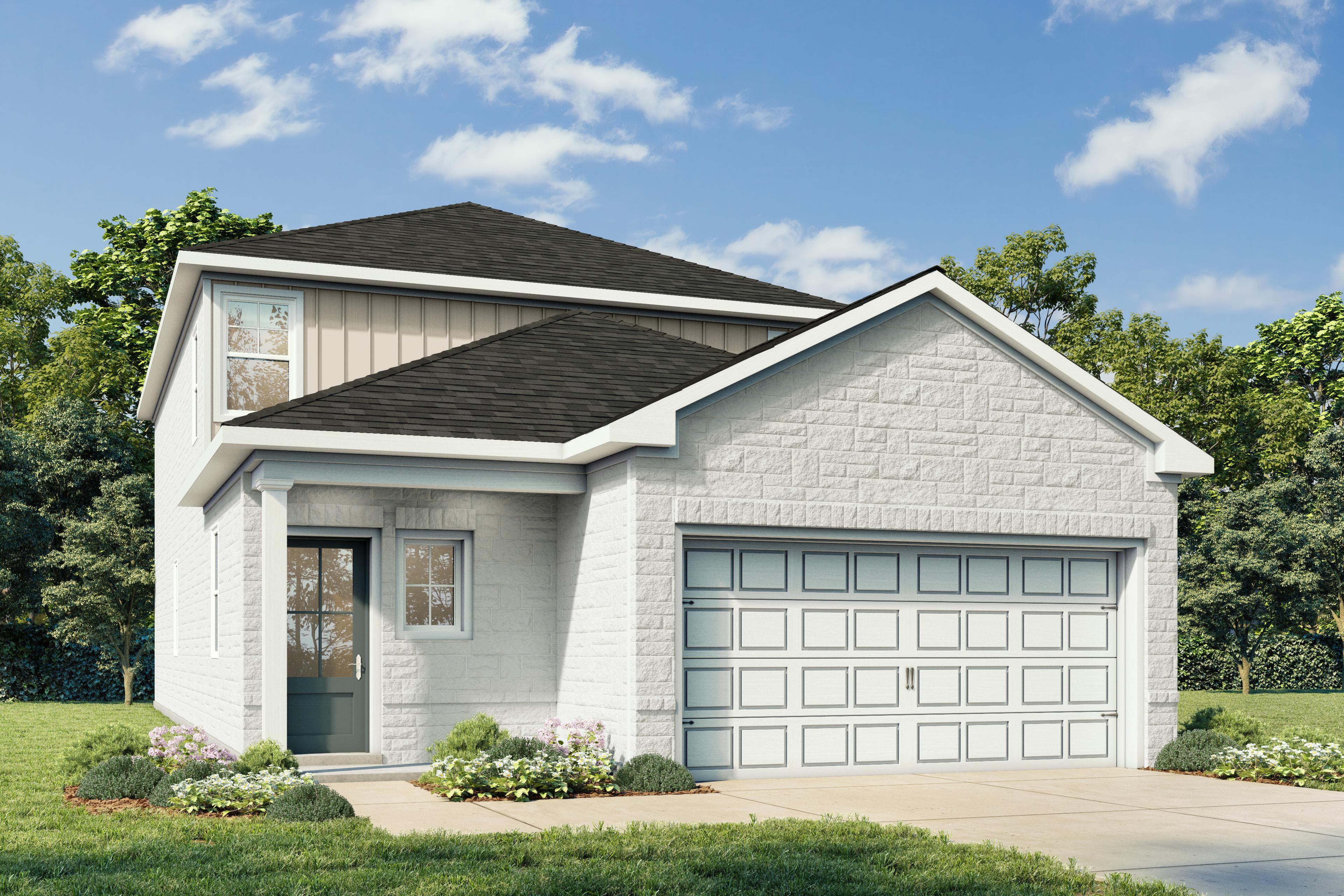 Front elevation of The Pinecrest 2-story home with white brick and siding exterior, 2-car garage, covered porch, and lush landscaping