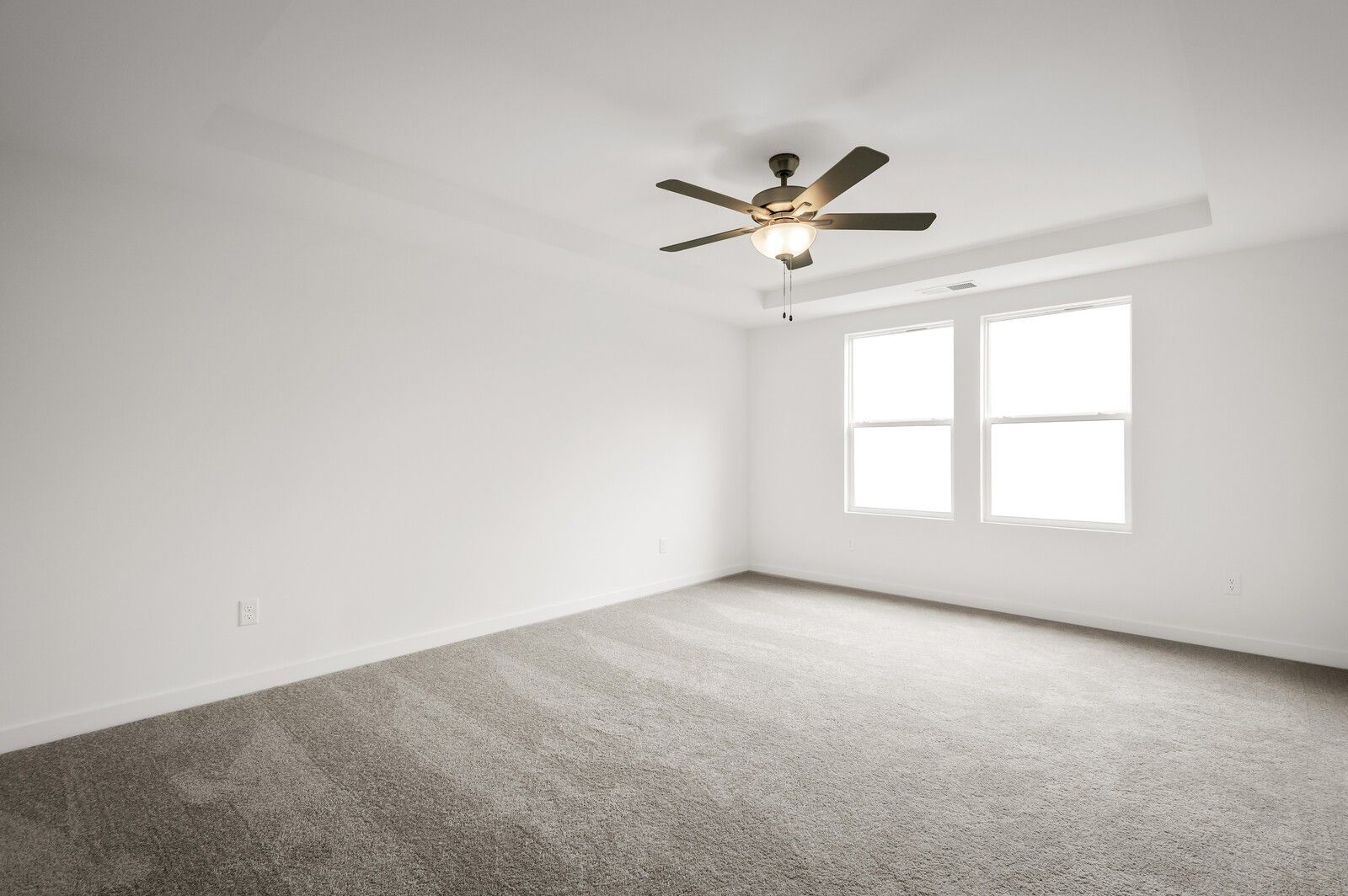 Bright, spacious bedroom with tray ceiling and ceiling fan in The Logan C floor plan at Calista Farms, White House, TN.