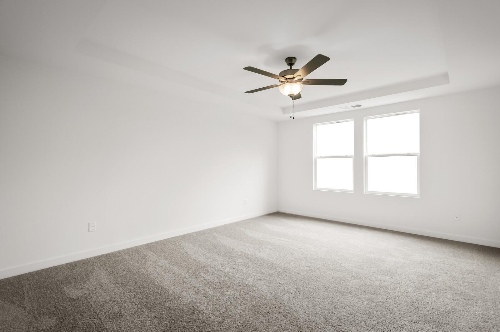 Bright, spacious bedroom with tray ceiling and ceiling fan in The Logan C floor plan at Calista Farms, White House, TN.