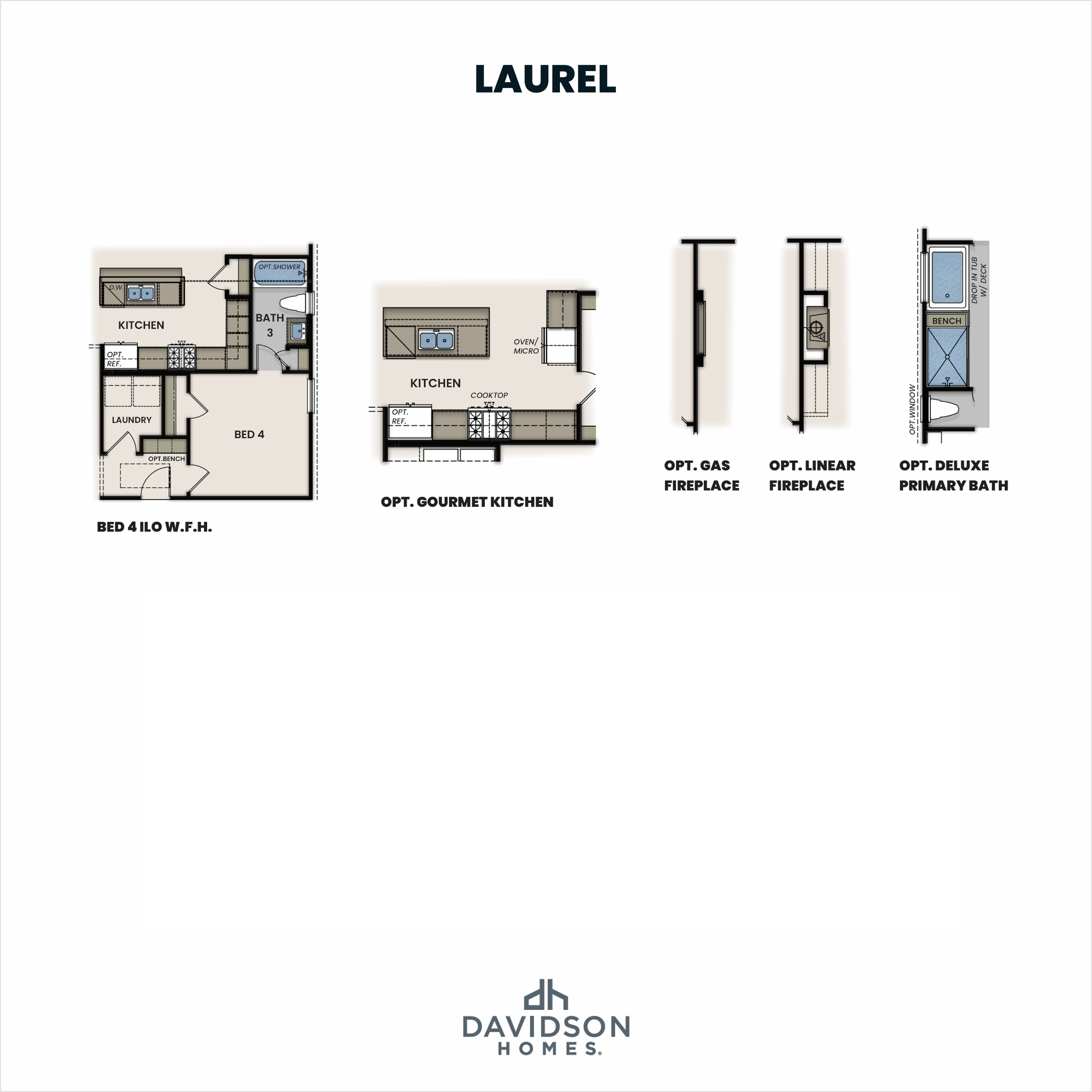 The Laurel floor plan by Davidson Homes: 4th bedroom suite, optional gourmet kitchen, gas/linear fireplace, deluxe primary bath options