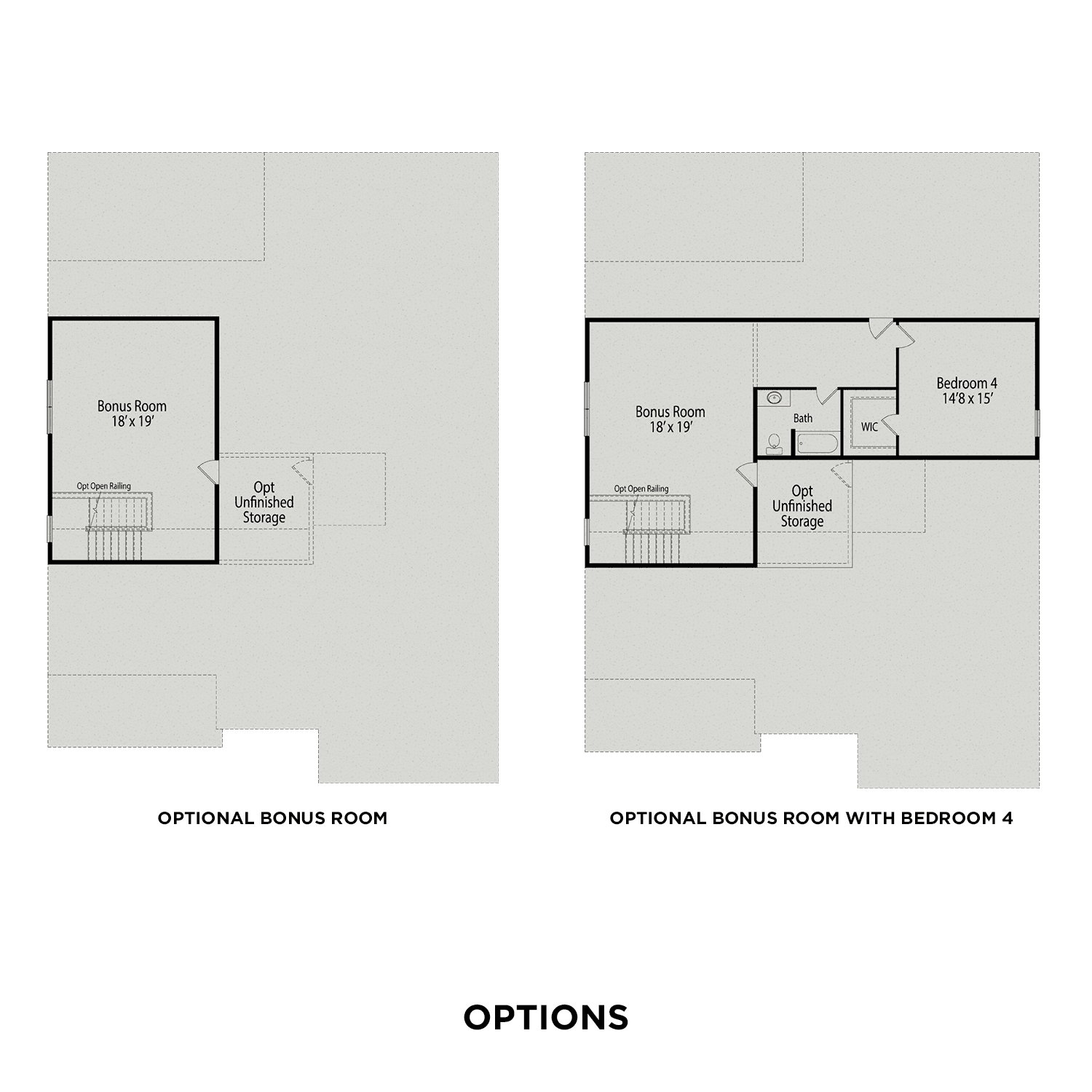 Optional bonus room floor plans for The Magnolia D: 15x15 space with storage vs. 14x15 with Bedroom 4 and bath
