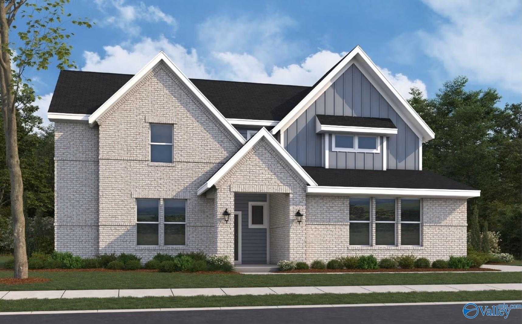 Modern two-story brick home with 3-car garage, front porch, and landscaping in The Meadows at Hampton Cove, Owens Cross Roads, Alabama