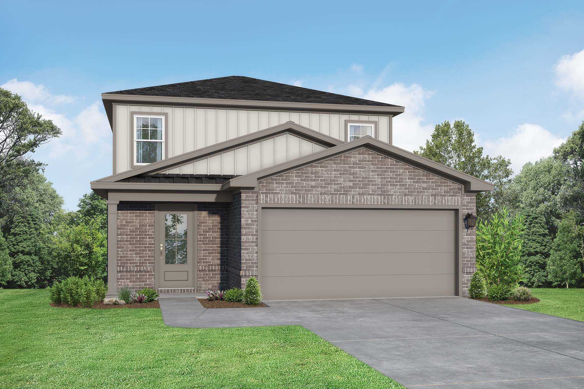 Modern two-story Sabine D home elevation with brick and beige siding, two-car garage, and landscaped yard in San Antonio