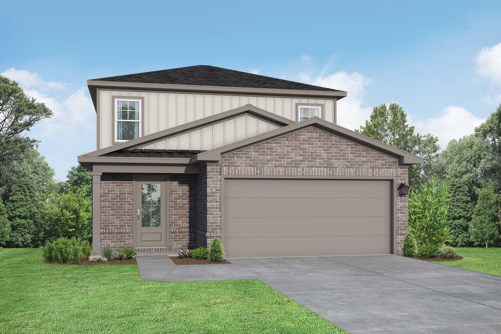 Modern two-story Sabine D home elevation with brick and beige siding, two-car garage, and landscaped yard in San Antonio