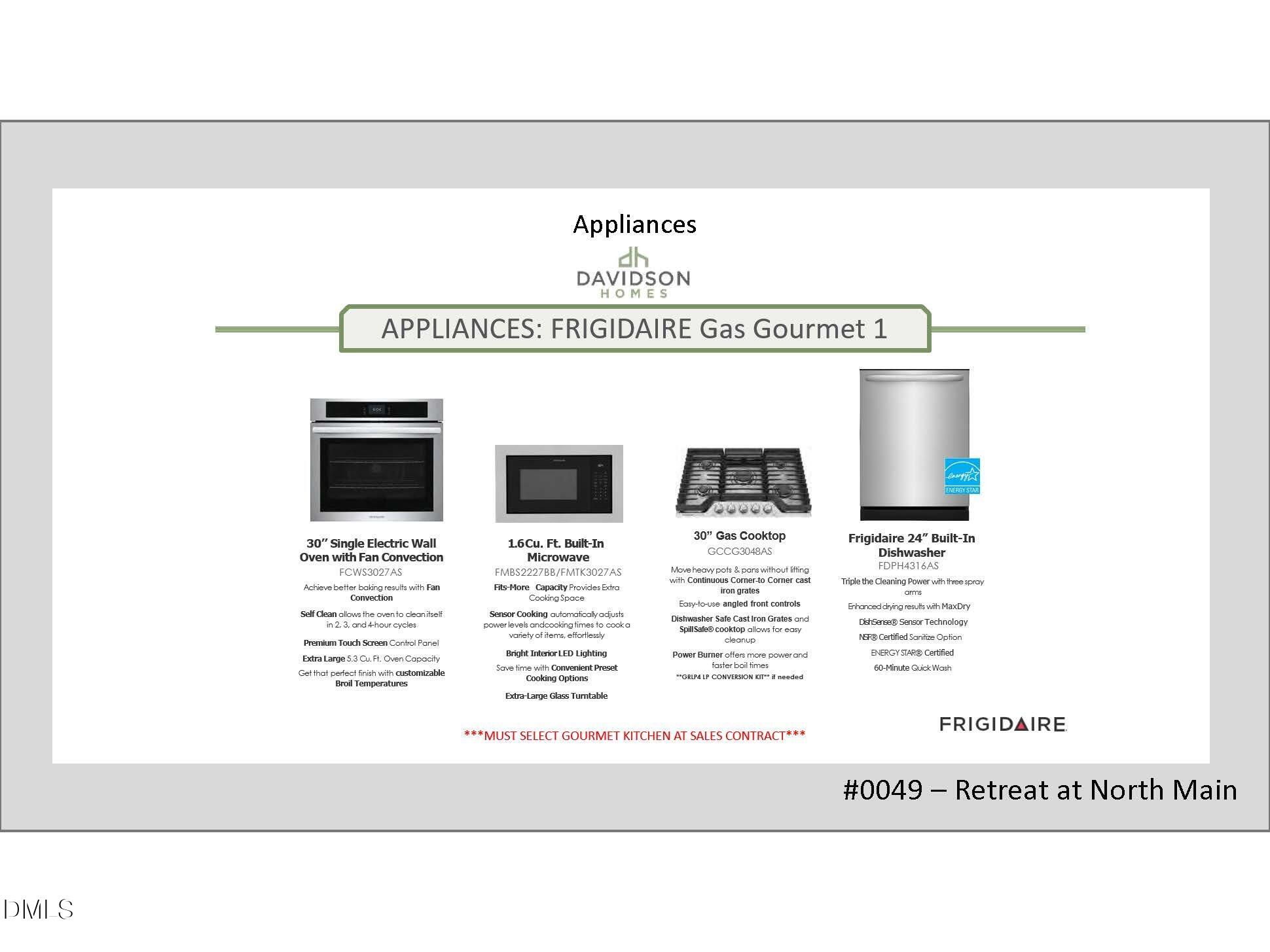 Frigidaire Gas Gourmet 1 appliances: 30" wall oven, built-in microwave, gas cooktop, dishwasher in Davidson Homes, Lillington, NC