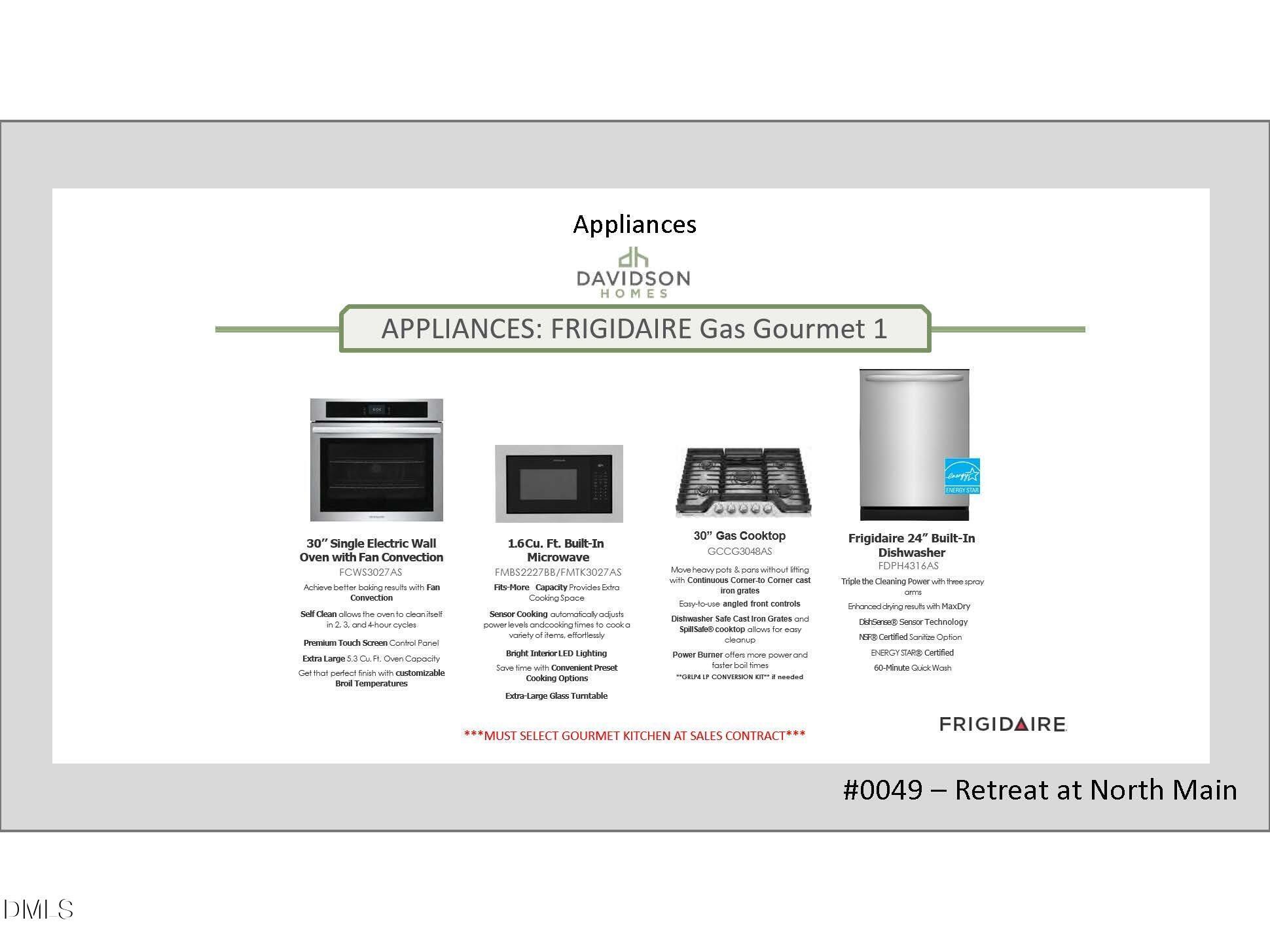 Frigidaire appliance package including wall oven, microwave, gas cooktop, and dishwasher for Davidson Homes in Lillington.