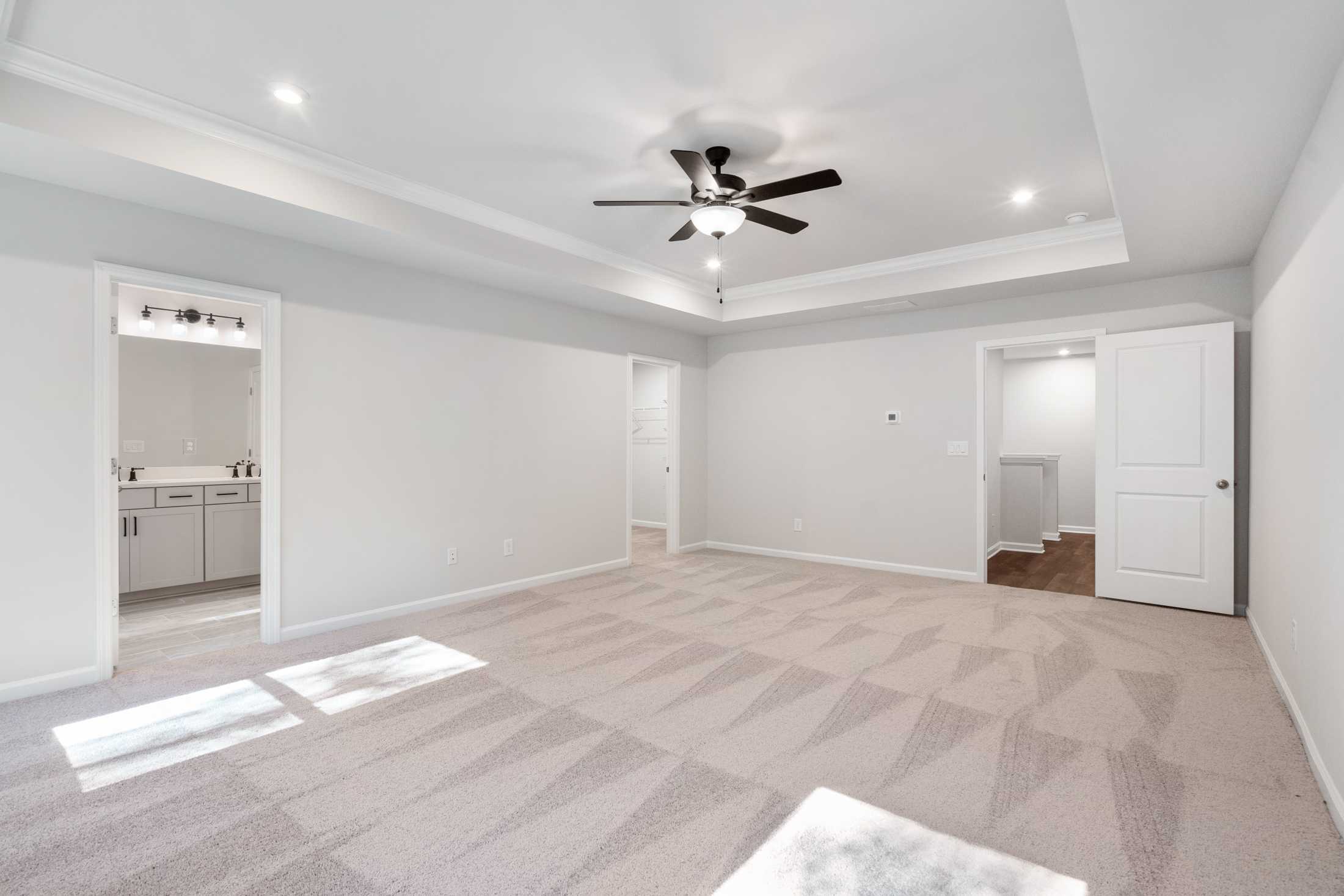 Spacious master bedroom suite in The Cary B with ceiling fan, en-suite bath, walk-in closet, gray walls, and plush carpet