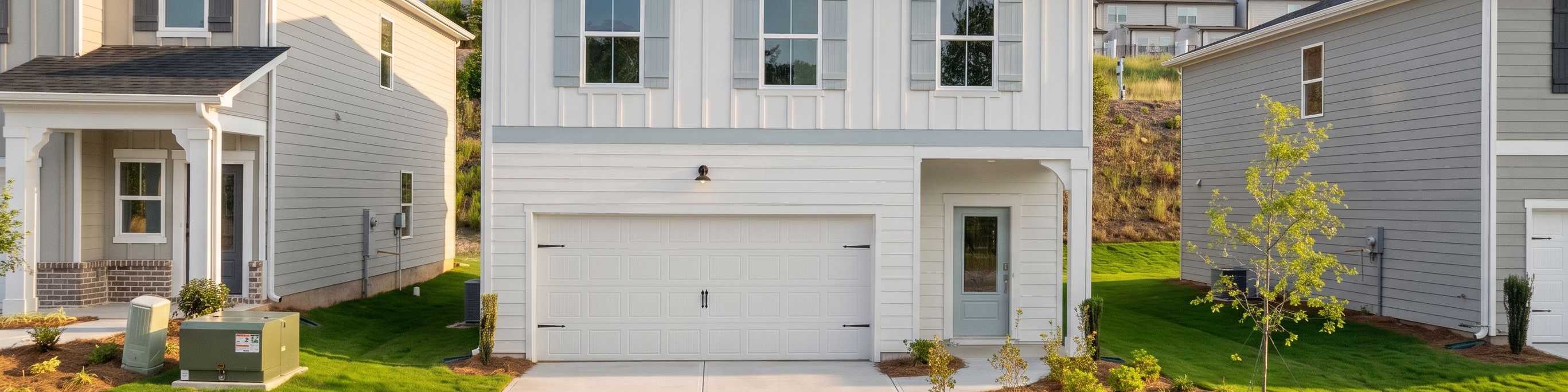 Modern white farmhouse exterior by Davidson Homes at Greene Farm in Cartersville, Georgia with two-car garage.