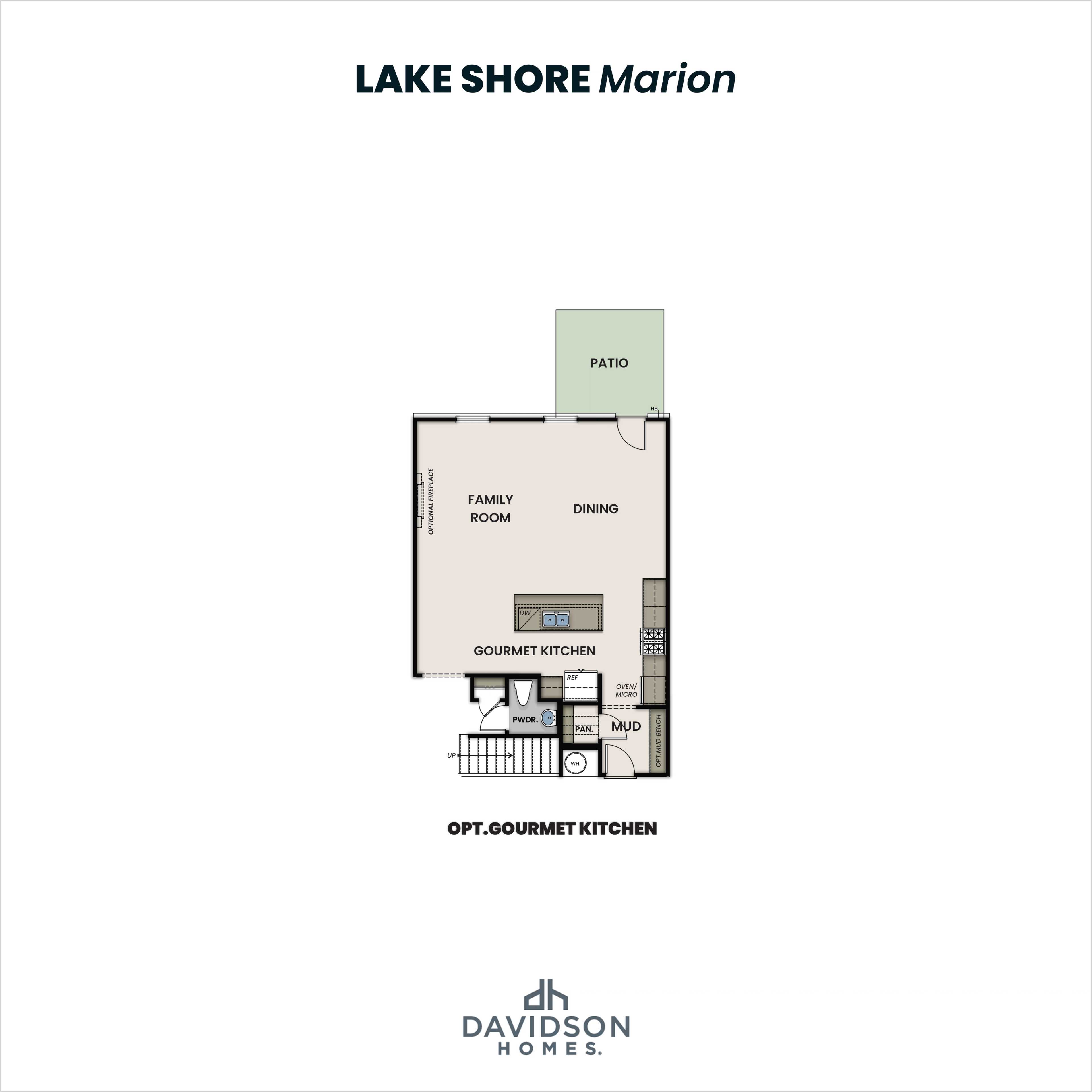 Lake Shore Marion first floor plan featuring optional gourmet kitchen, open family and dining areas, half bath, and covered patio by Davidson Homes