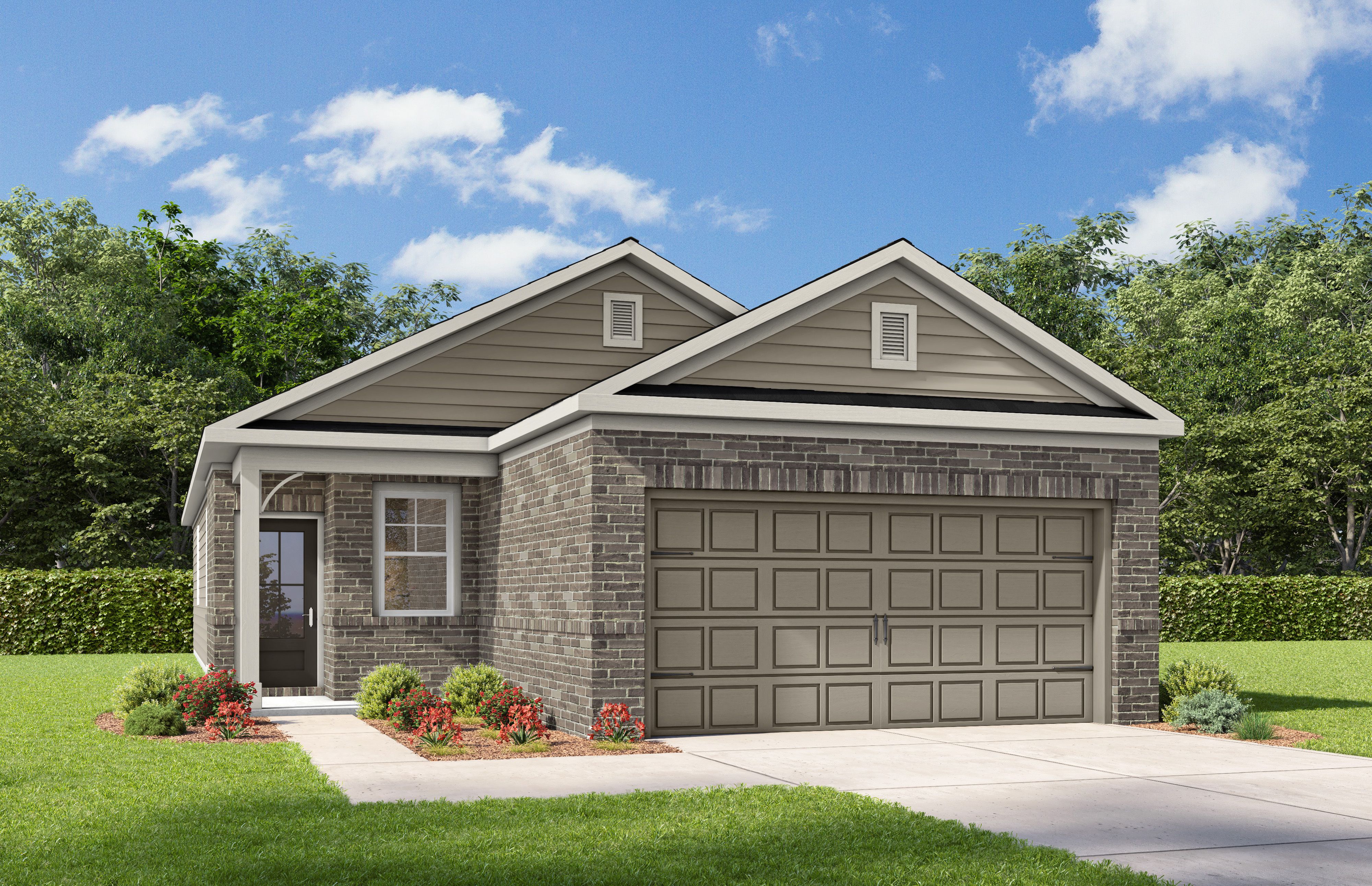 The Colorado single-story home elevation featuring brick and beige siding, 2-car garage, front porch, and landscaped yard