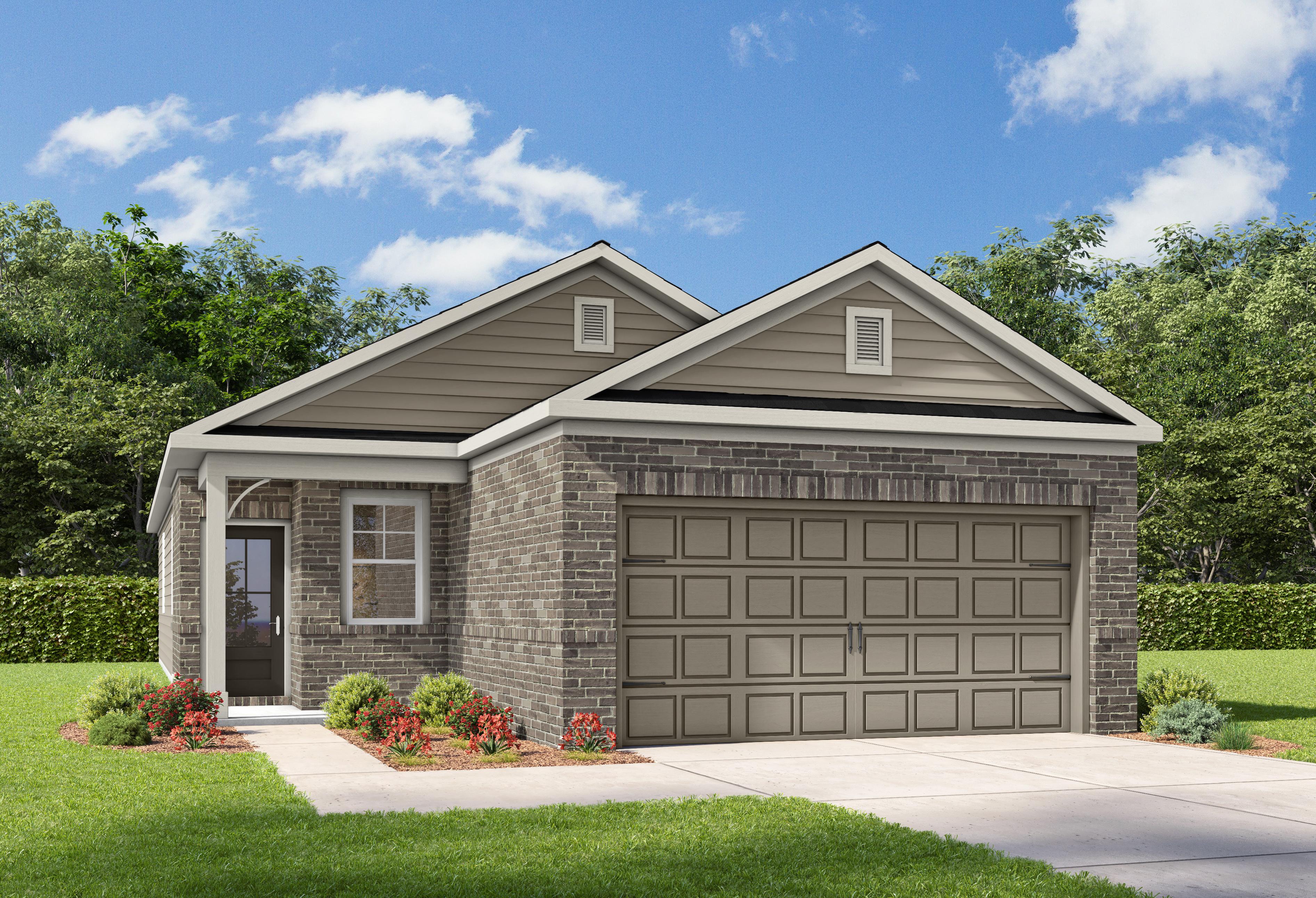 The Colorado single-story home elevation featuring brick and beige siding, 2-car garage, front porch, and landscaped yard