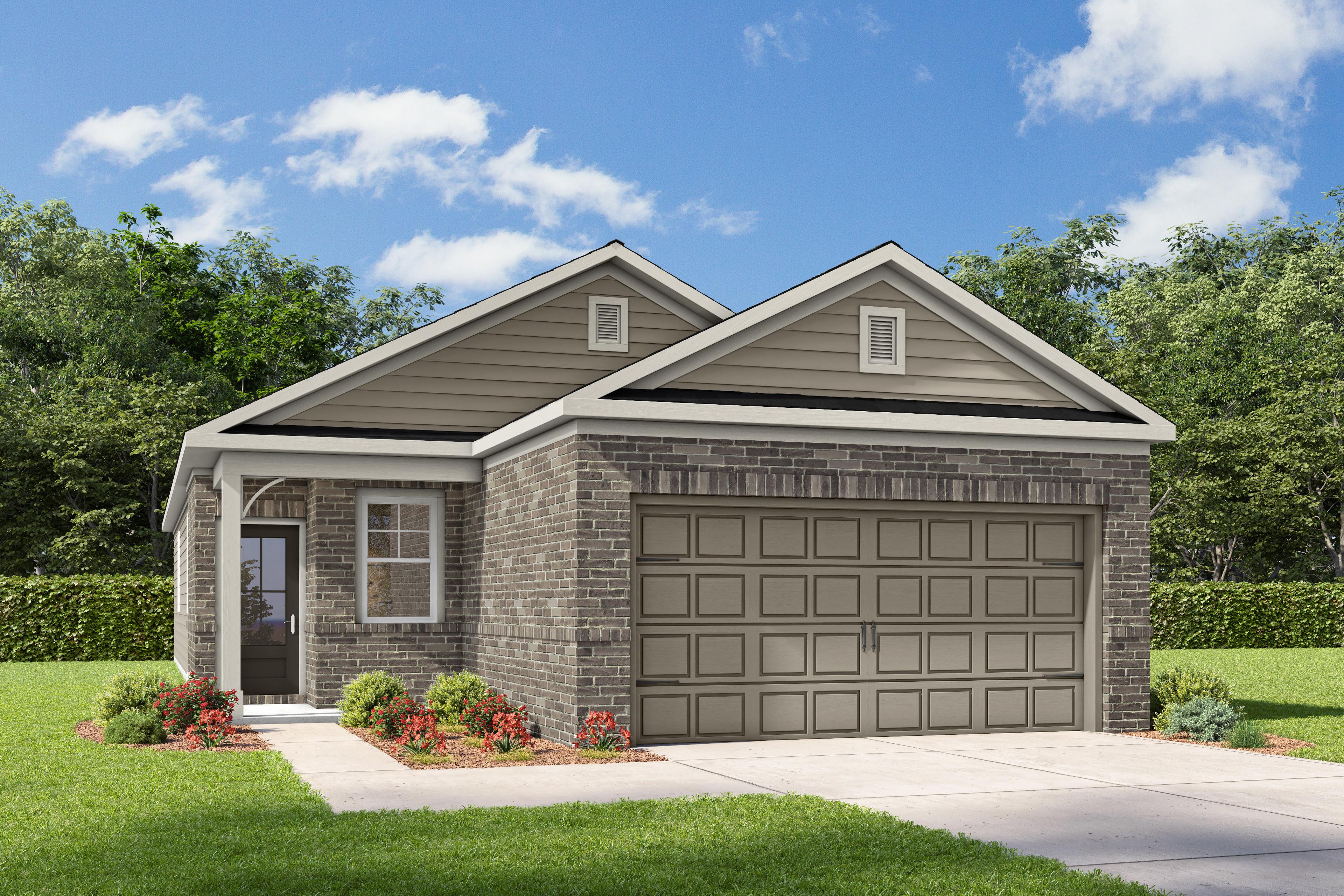 The Colorado single-story home elevation featuring brick and beige siding, 2-car garage, front porch, and landscaped yard
