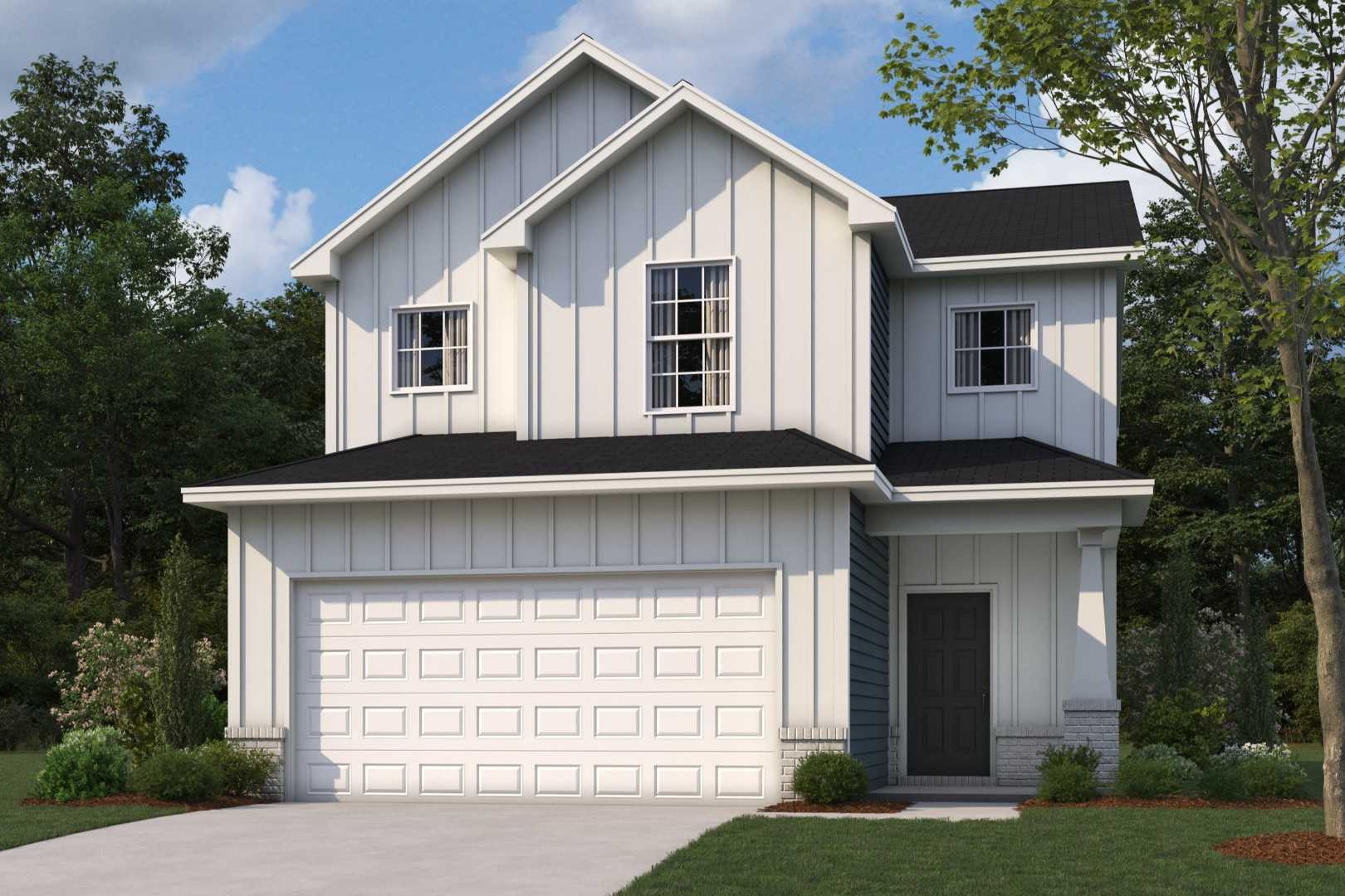 Modern two-story The Bartlett home elevation with white siding, black gabled roof, two-car garage, and lush landscaping