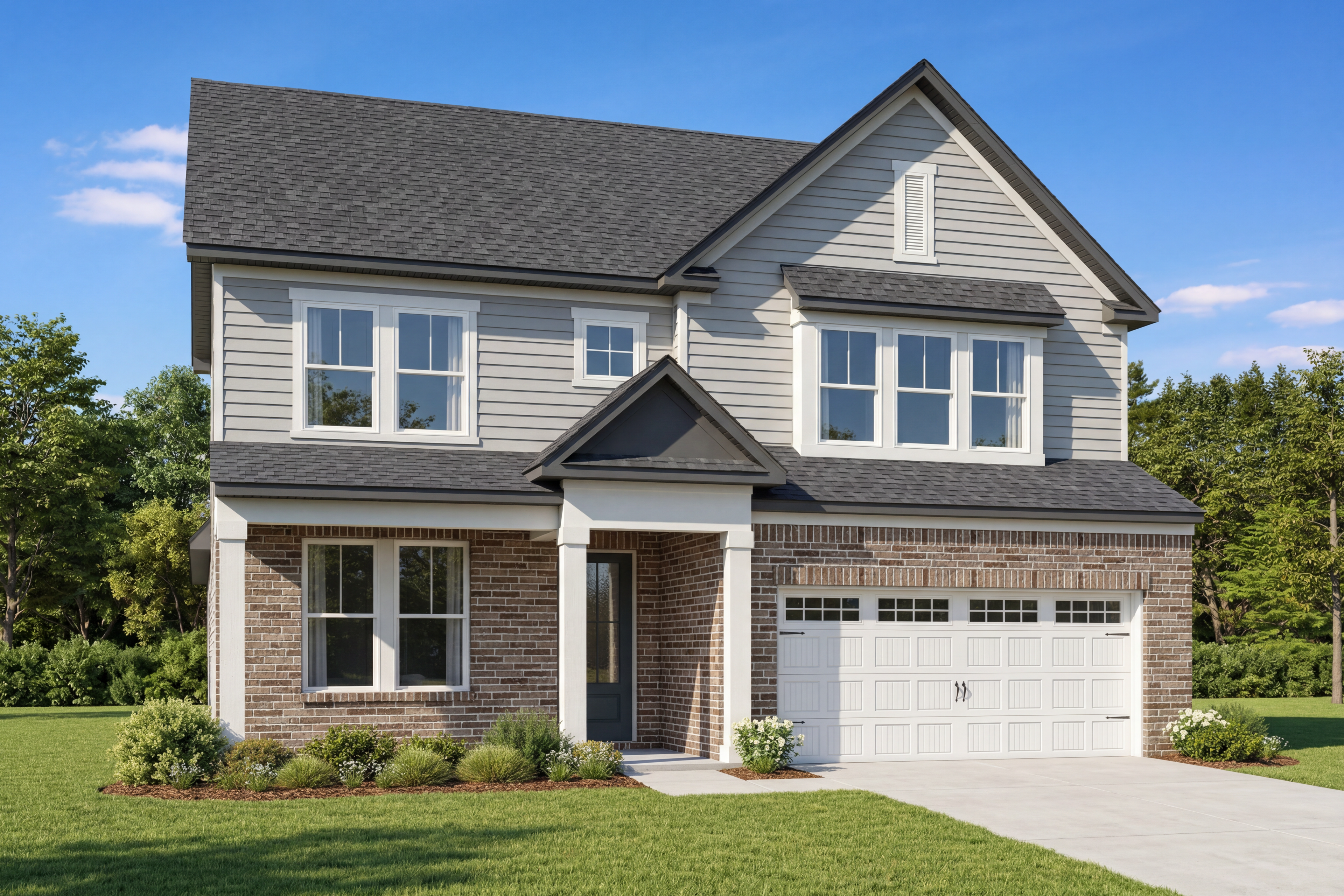 The Ashport two-story home design featuring a brick and vinyl exterior, 2-car garage, and elegant front porch elevation.