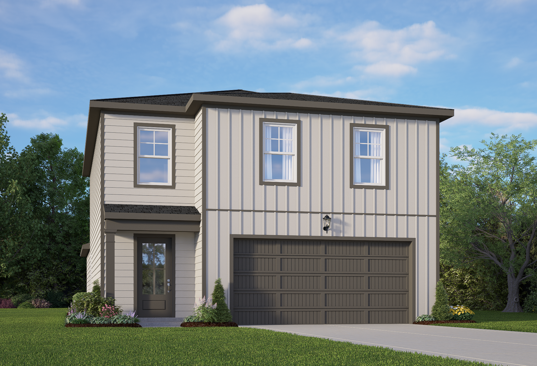 Two-story The Brazos A home elevation with board and batten siding, dark roof, 2-car garage, covered porch, and lush landscaping