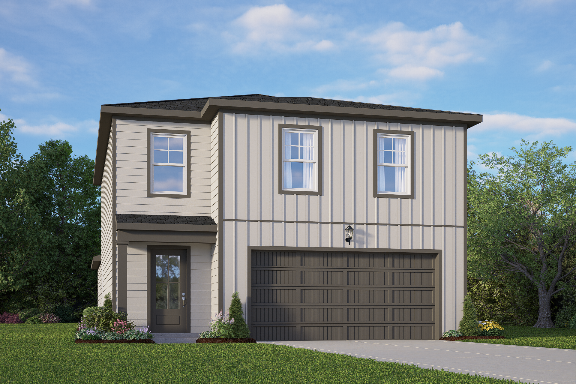 Two-story The Brazos A home elevation with board and batten siding, dark roof, 2-car garage, covered porch, and lush landscaping