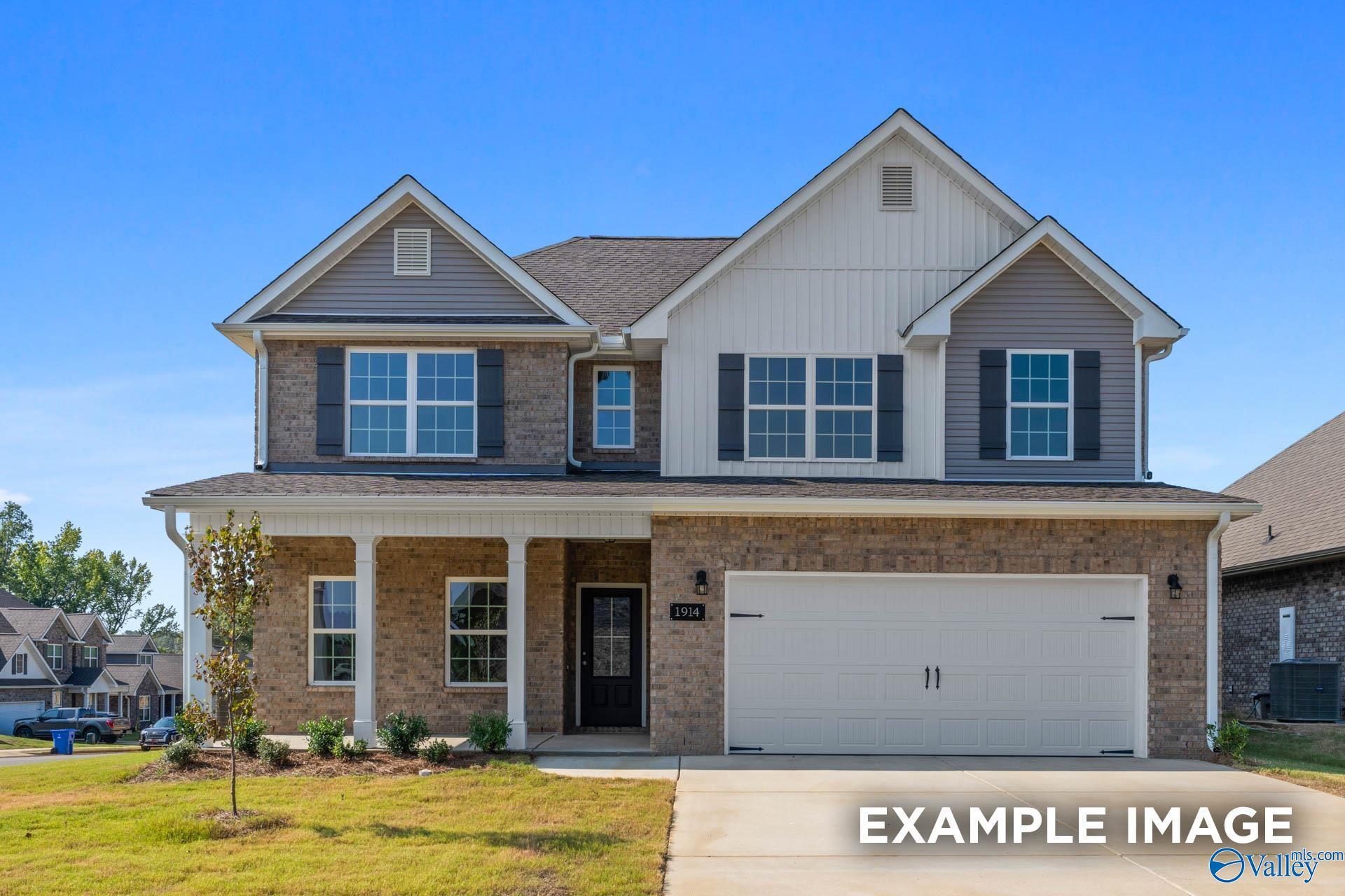 Two-story brick and siding home with gabled roof, front porch, 2-car garage in Creek Grove, New Market, Alabama - Davidson Homes The Shelby B