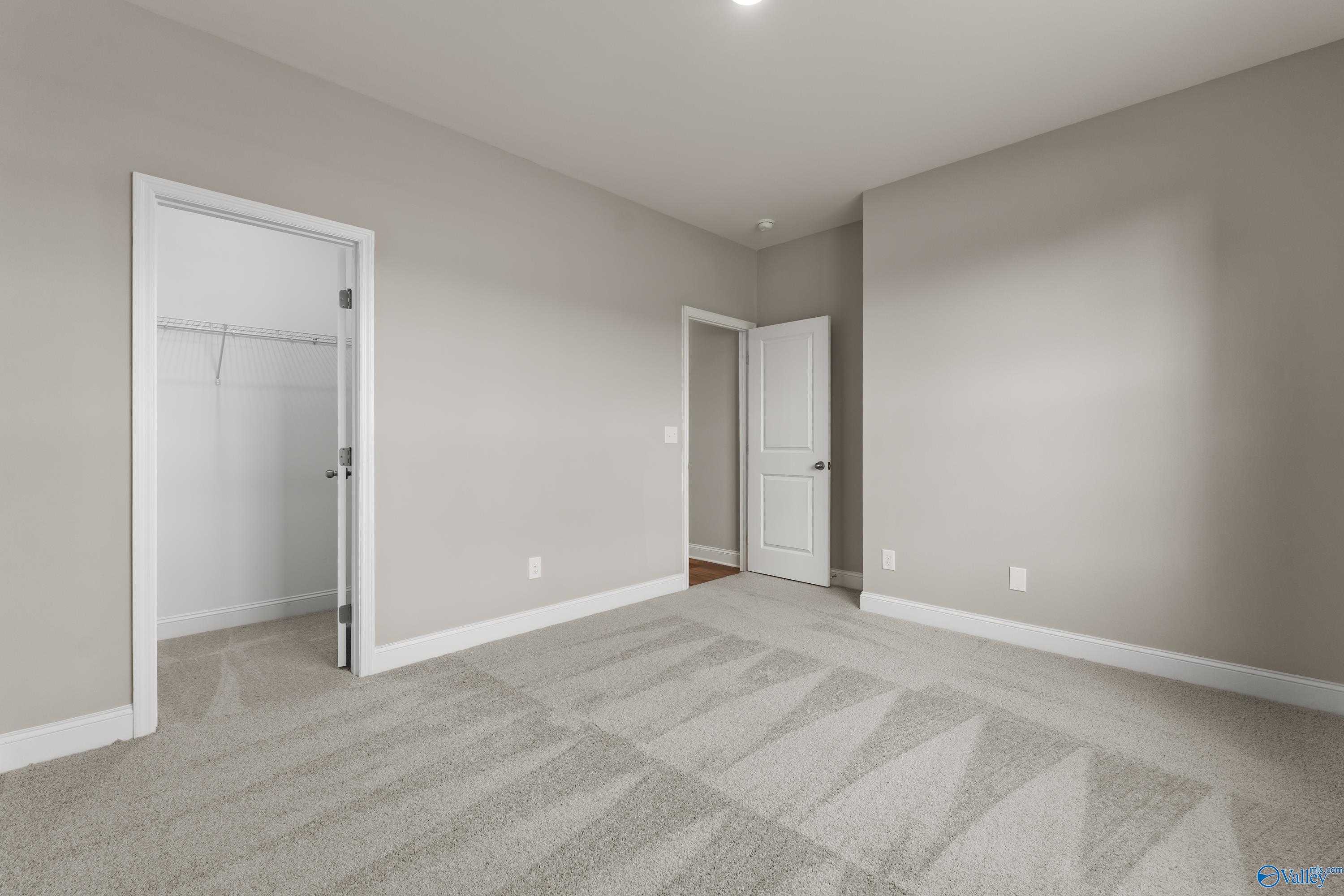 Spacious bedroom with open walk-in closet, neutral beige walls, and carpeted floor in Davidson Homes The Rockford, Harvest AL