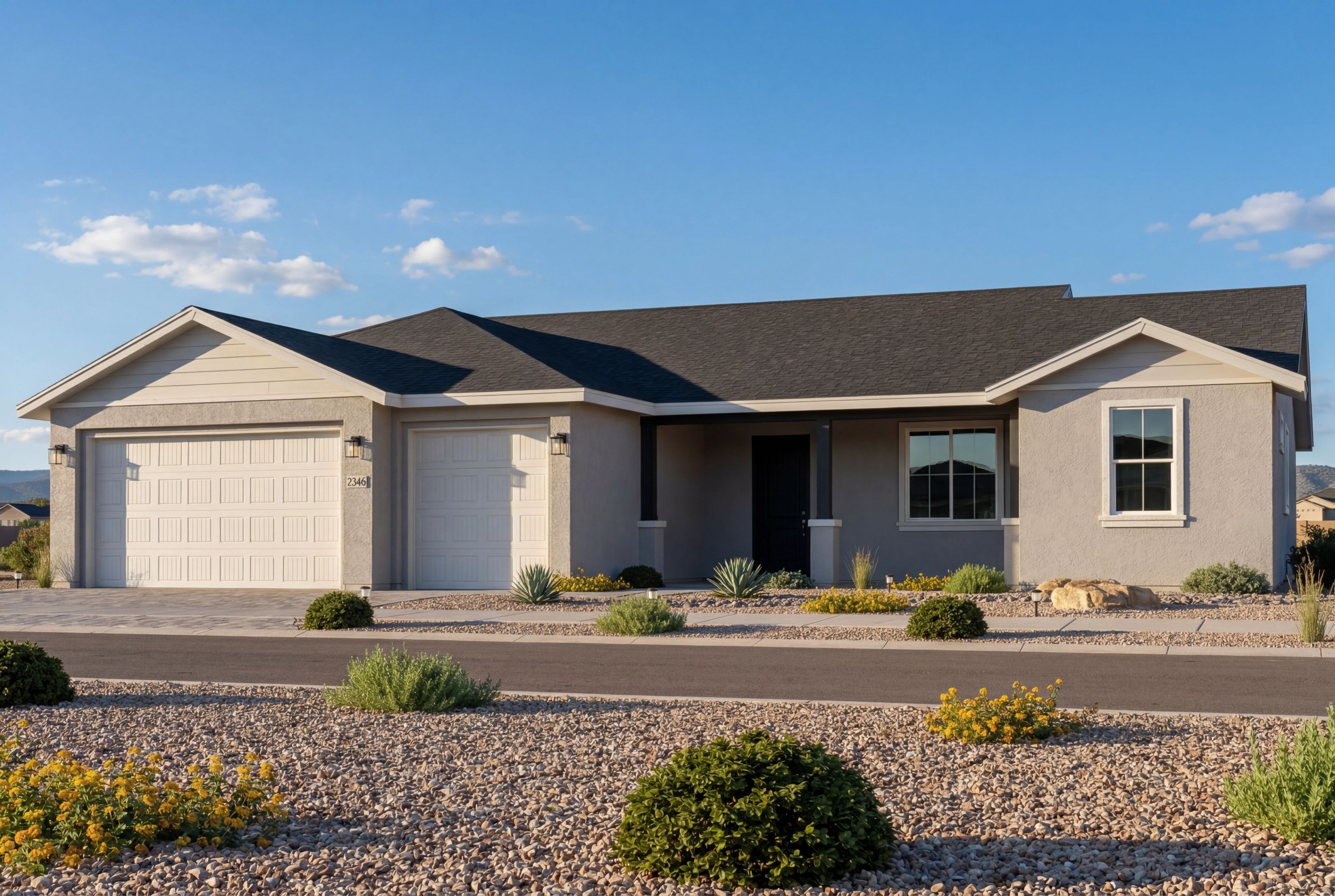 Modern exterior of The Monarch by Evermore Homes featuring a 3-car garage, single-story design, and desert landscaping.