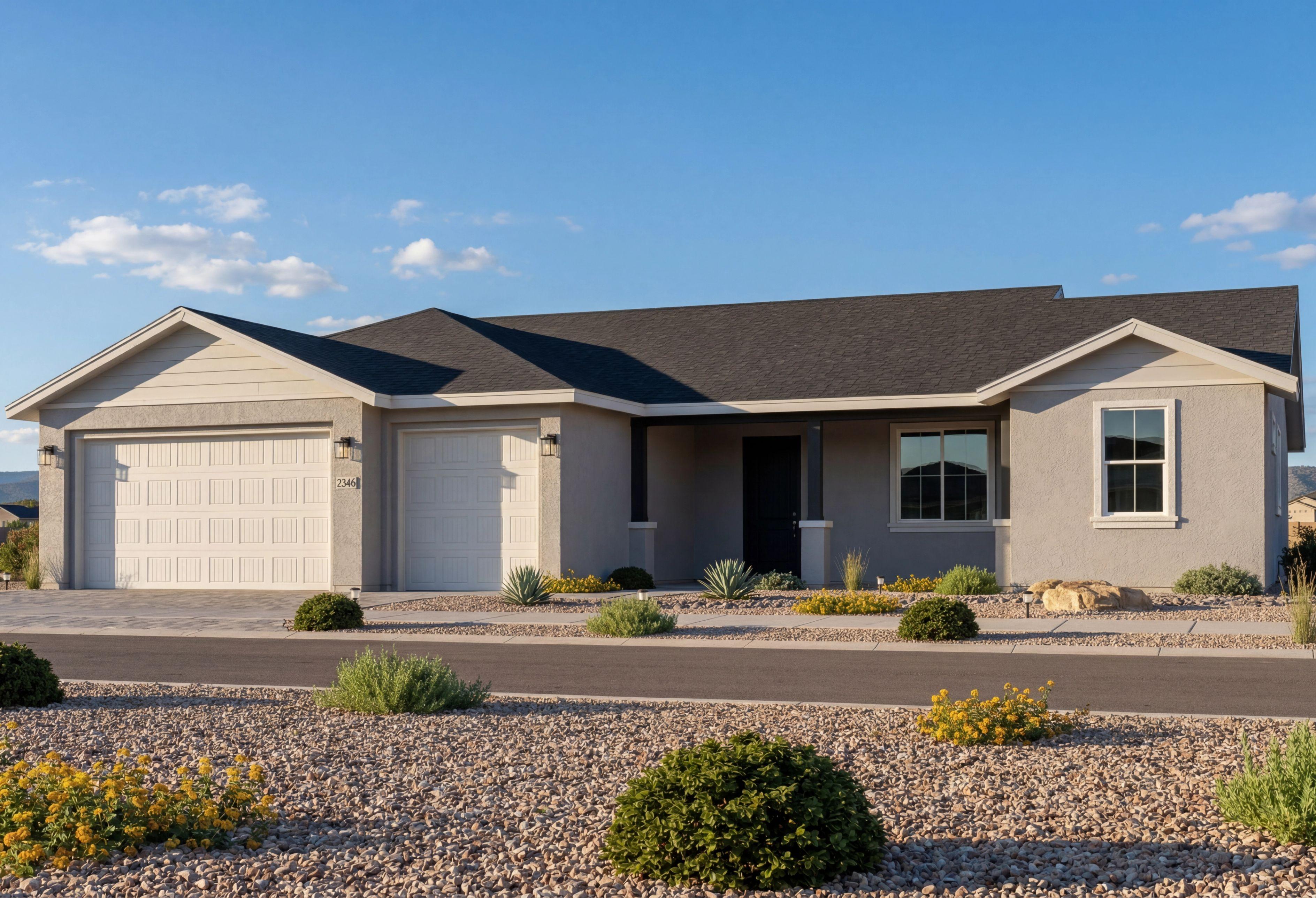 Modern exterior of The Monarch by Evermore Homes featuring a 3-car garage, single-story design, and desert landscaping.