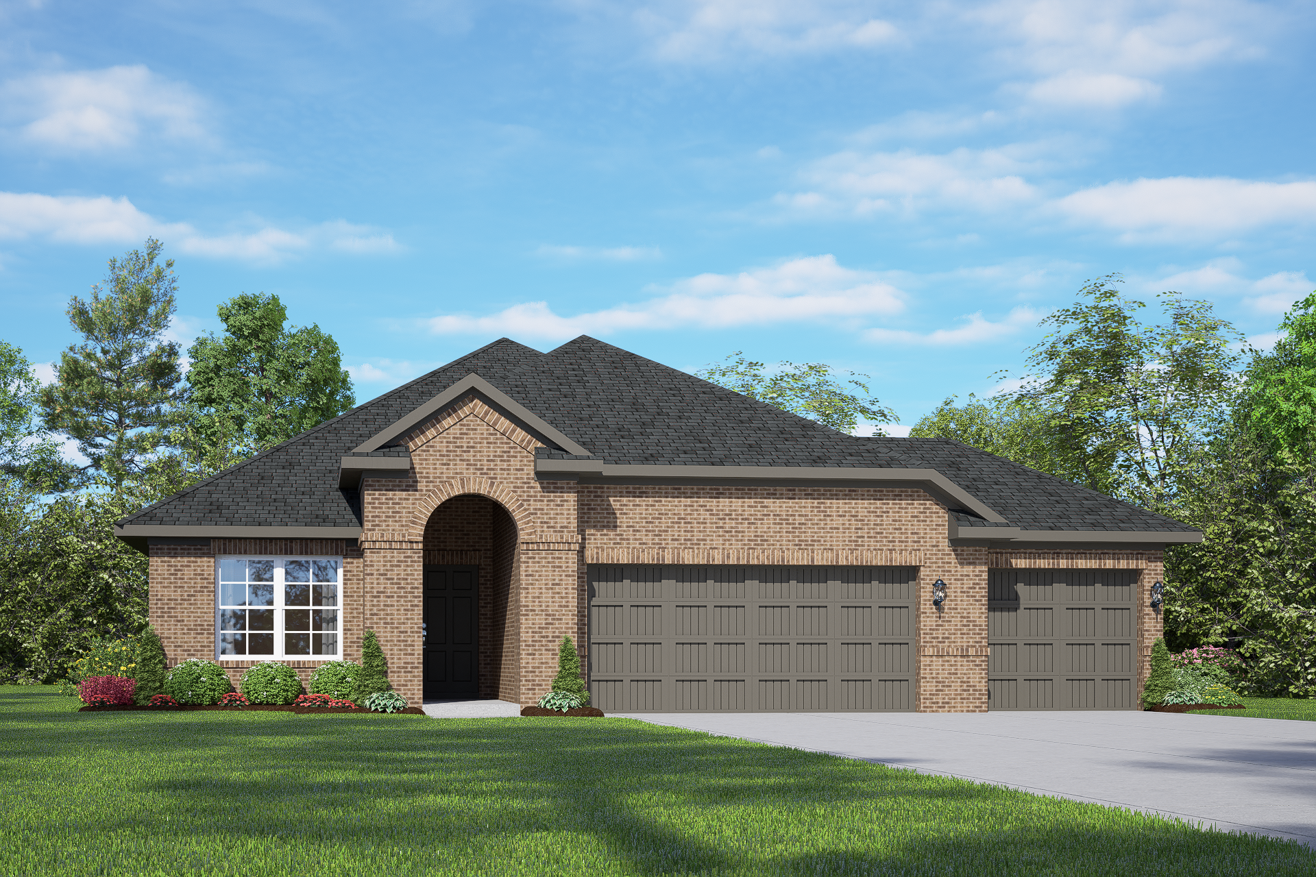 Modern brick single-story elevation of The Acadia A with 3-car garage, arched entry, and lush landscaping in Rosharon, TX