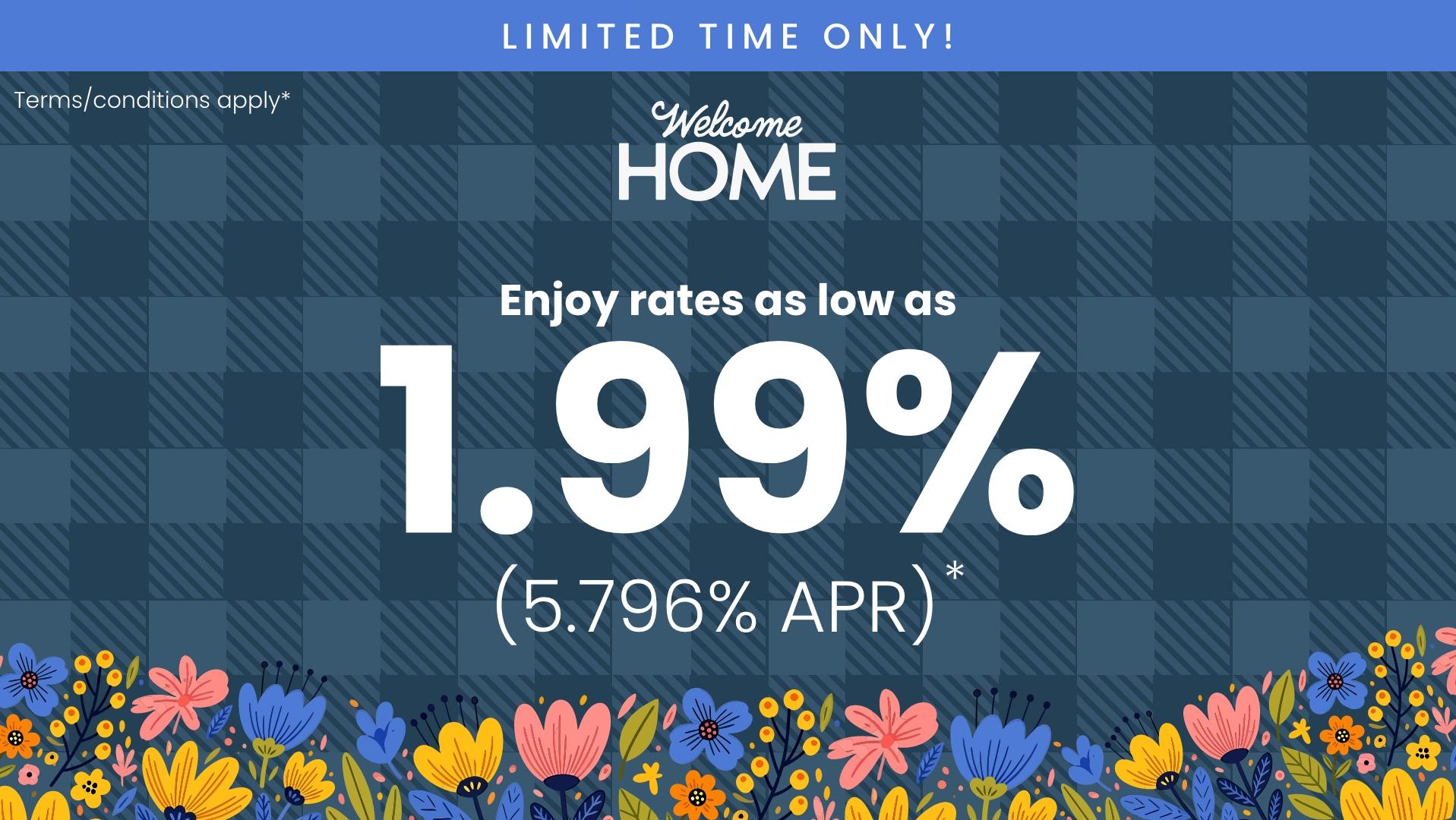 Blue plaid promotional banner for Welcome Home flash sale: rates as low as 1.99% (5.796% APR) in Dallas